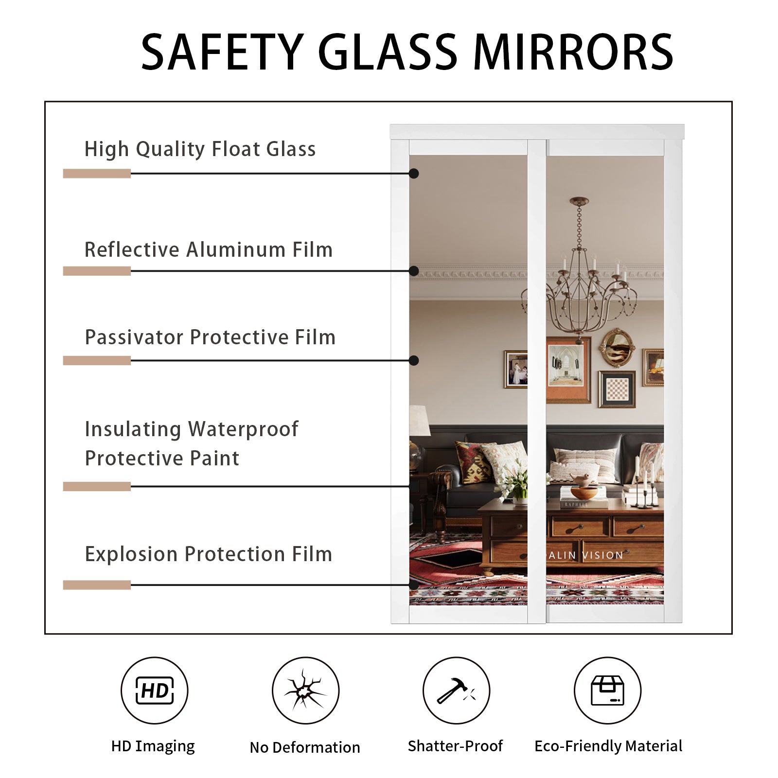 Tenoner White MDF 1-Lite Mirrored Glass Sliding Barn Door for Living Rooms, Bedrooms, Kitchen – Easy Installation, Privacy Protection with Barn Door Hardware Kits