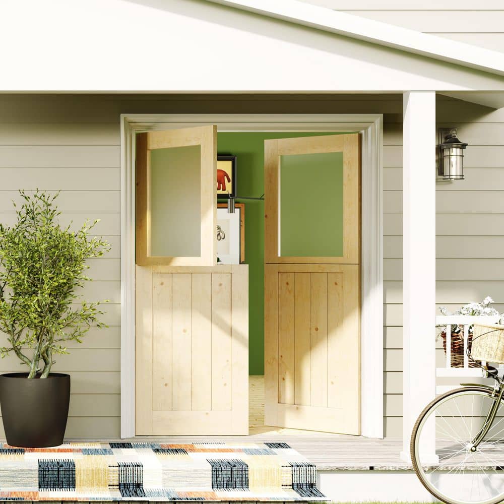 TENONER Pine Wood 1-Lite Tempered Frosted Glass Exterior Dutch Door