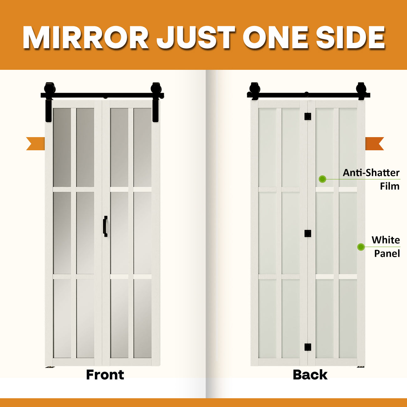 TENONER White 6-Lite Mirror Glass Bi-Fold Sliding Barn Door for Closet, Wardrobe, Bedroom - Space-Saving and Privacy Protection with Hardware Kits