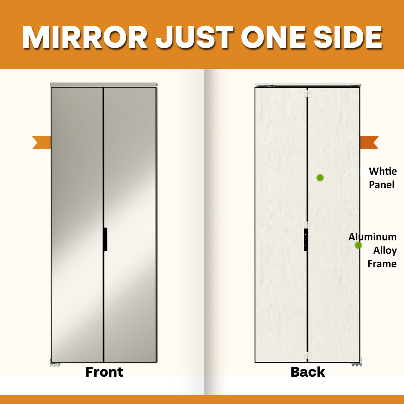 TENONER White/Silver/Black Aluminum Frame Mirrored Glass Bi-Fold Interior Door for Closet, Bedroom, Laundry Room - Brightening Effect, Perfect for Dressing Design with Hardware Kits