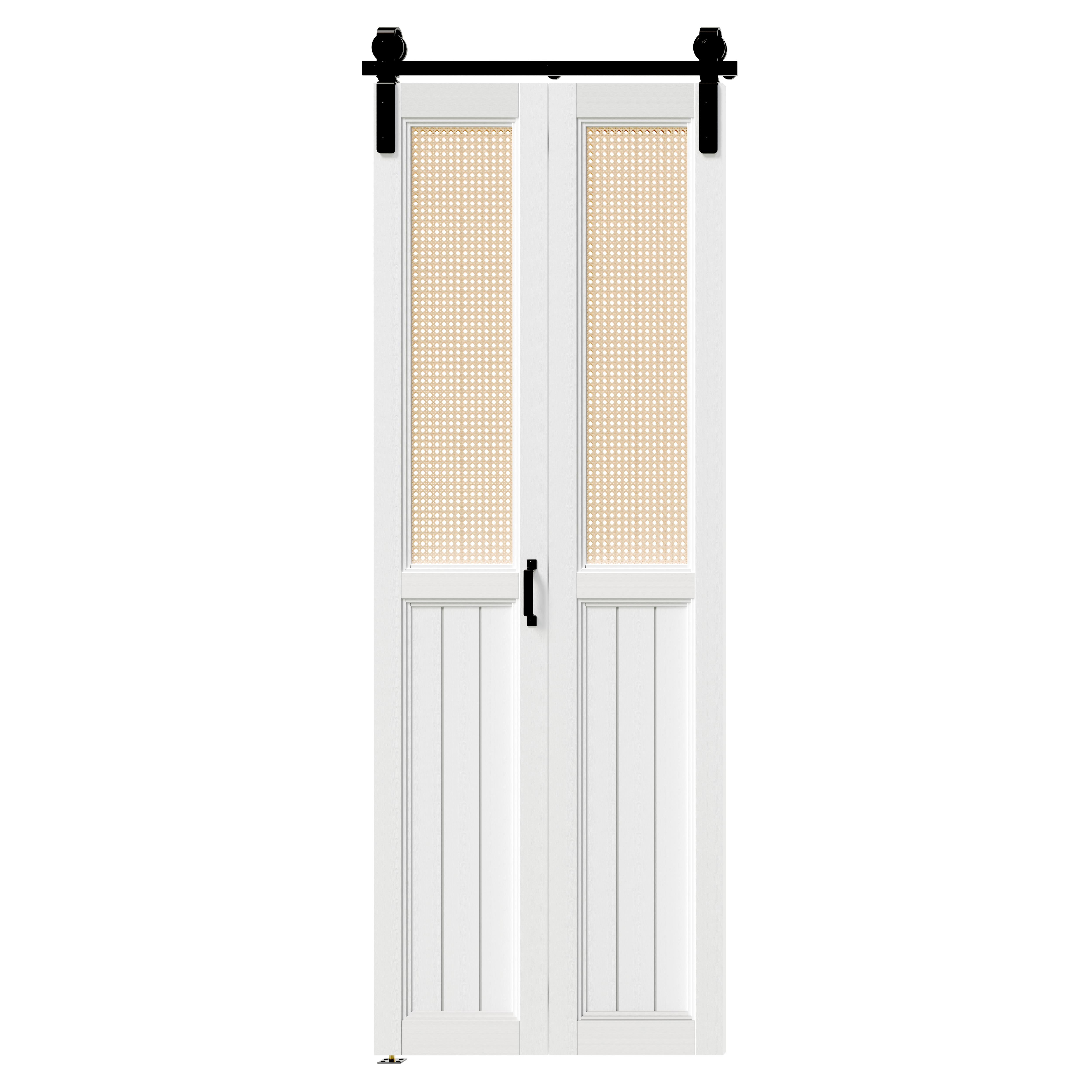 TENONER White MDF Half Webbing & Panel Bi-Fold Barn Door for Closet, Wardrobe, Bedroom - Space-Saving Design, Excellent Ventilation with Hardware Kits