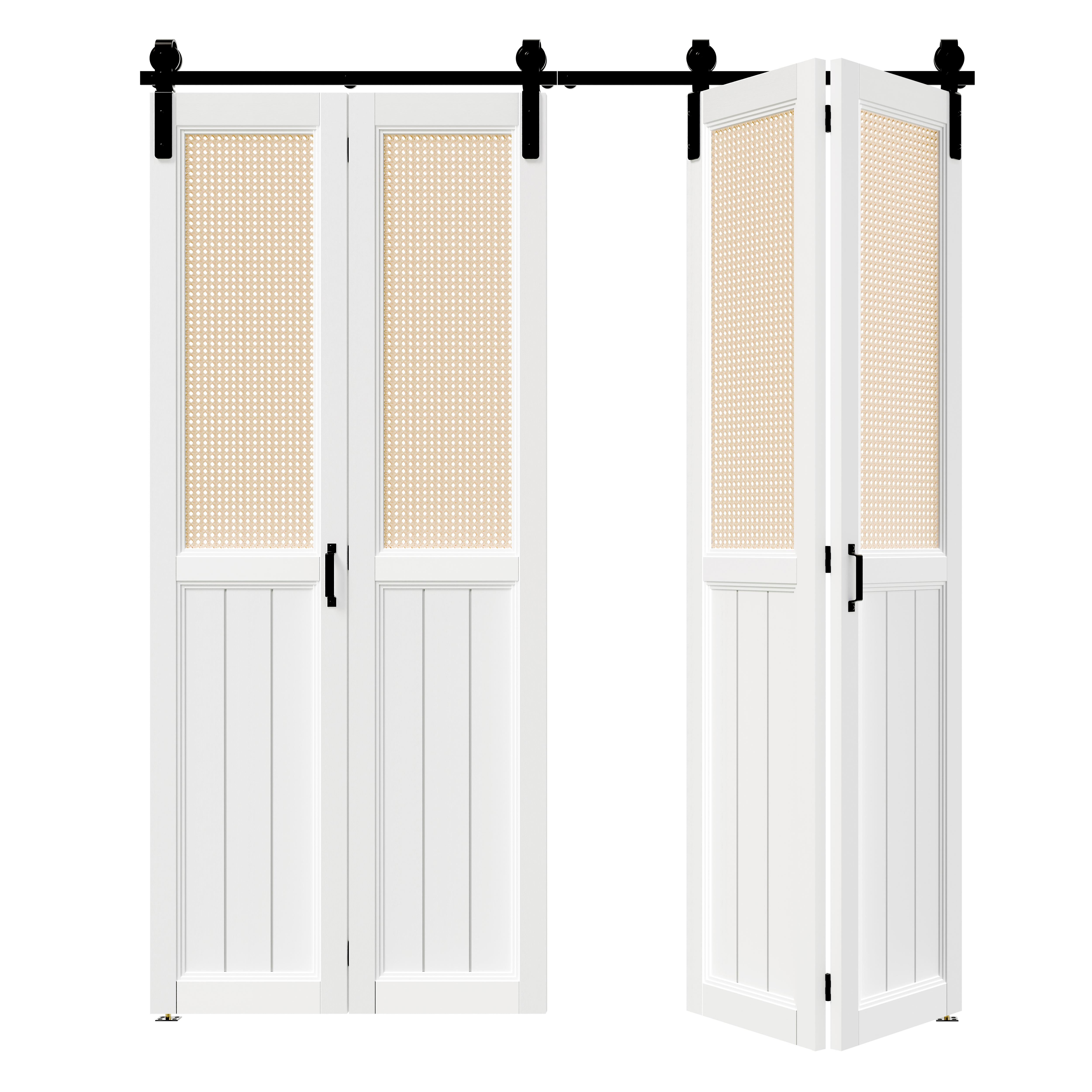 TENONER White MDF Half Webbing & Panel Bi-Fold Barn Door for Closet, Wardrobe, Bedroom - Space-Saving Design, Excellent Ventilation with Hardware Kits