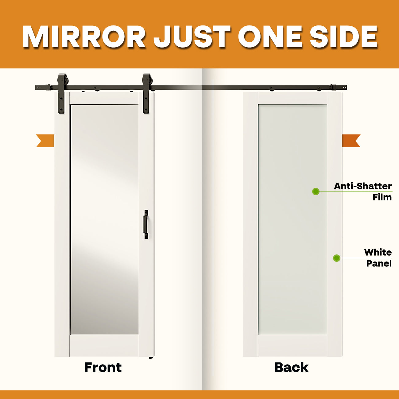 Tenoner White MDF 1-Lite Mirrored Glass Sliding Barn Door for Living Rooms, Bedrooms, Kitchen – Easy Installation, Privacy Protection with Barn Door Hardware Kits