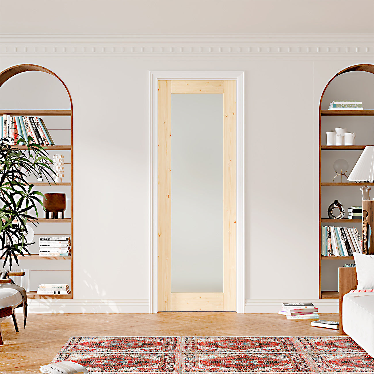 TENONER Pine Wood Color MDF 1-Lite Frosted Glass Interior Prehung Door for Wardrobe, Bedroom, Pantrywith Frosted Glass, – Easy to Install, Noise Reduction, Stylish, with Door Jamb and Hardware Kit