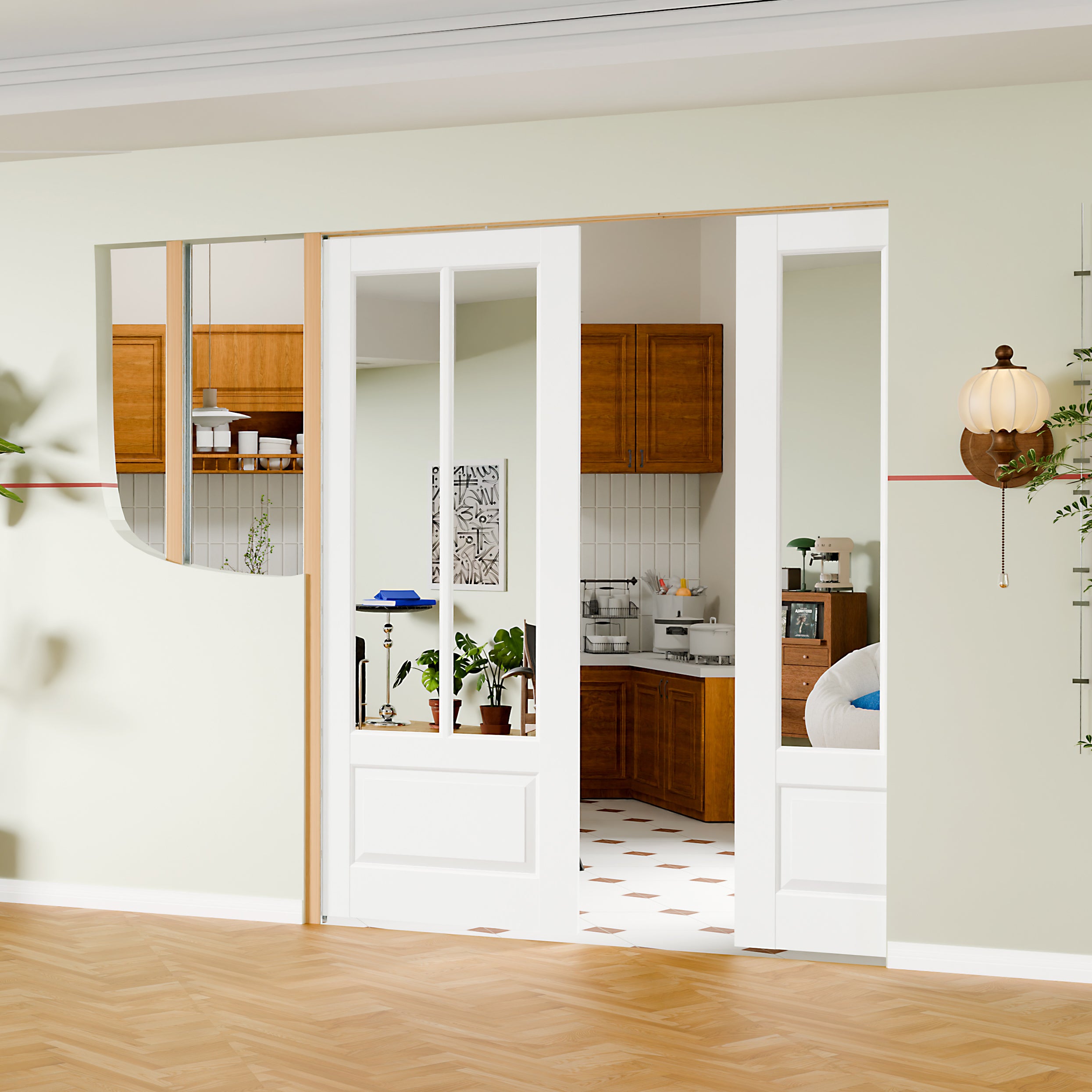 TENONER White MDF 2-Lite Mirror Single/Double Sliding Pocket Door for Bedroom, Closet, and Hallway - Space-Saving, Easy to Assemble with Frame and Hardware Kit