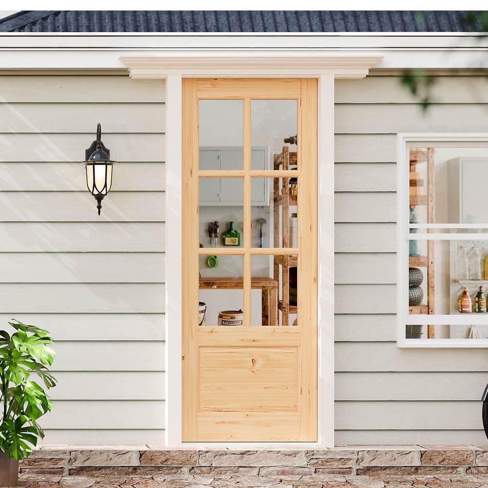 TENONER 6-Light Tempered Clear Glass Pine Wood Exterior Front Entry Doors