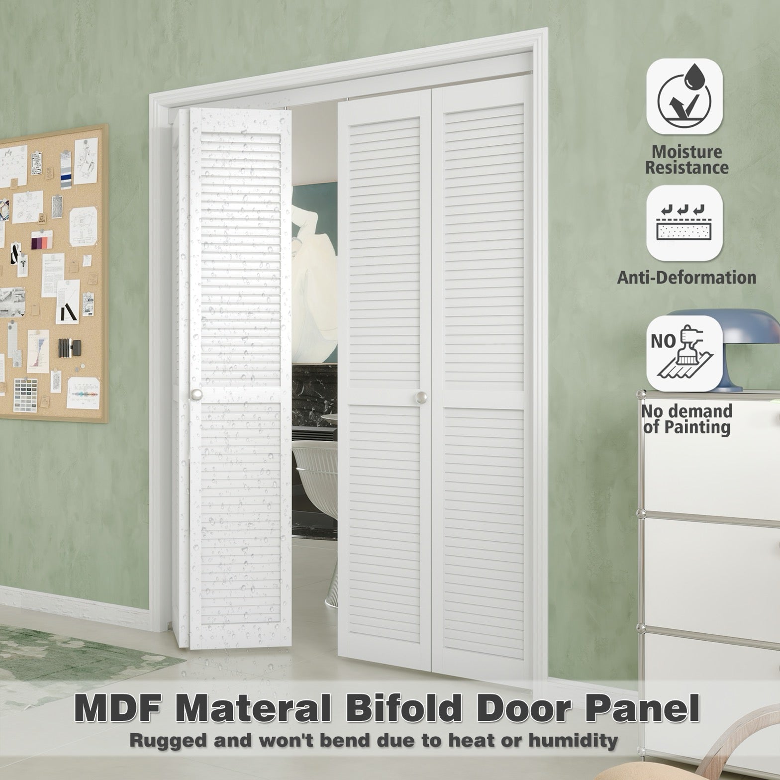 TENONER White MDF Louvered Bi-Fold Interior Door for Closet, Pantry, Laundry Room - Ventilation-Friendly, Space-Saving with Hardware Kits