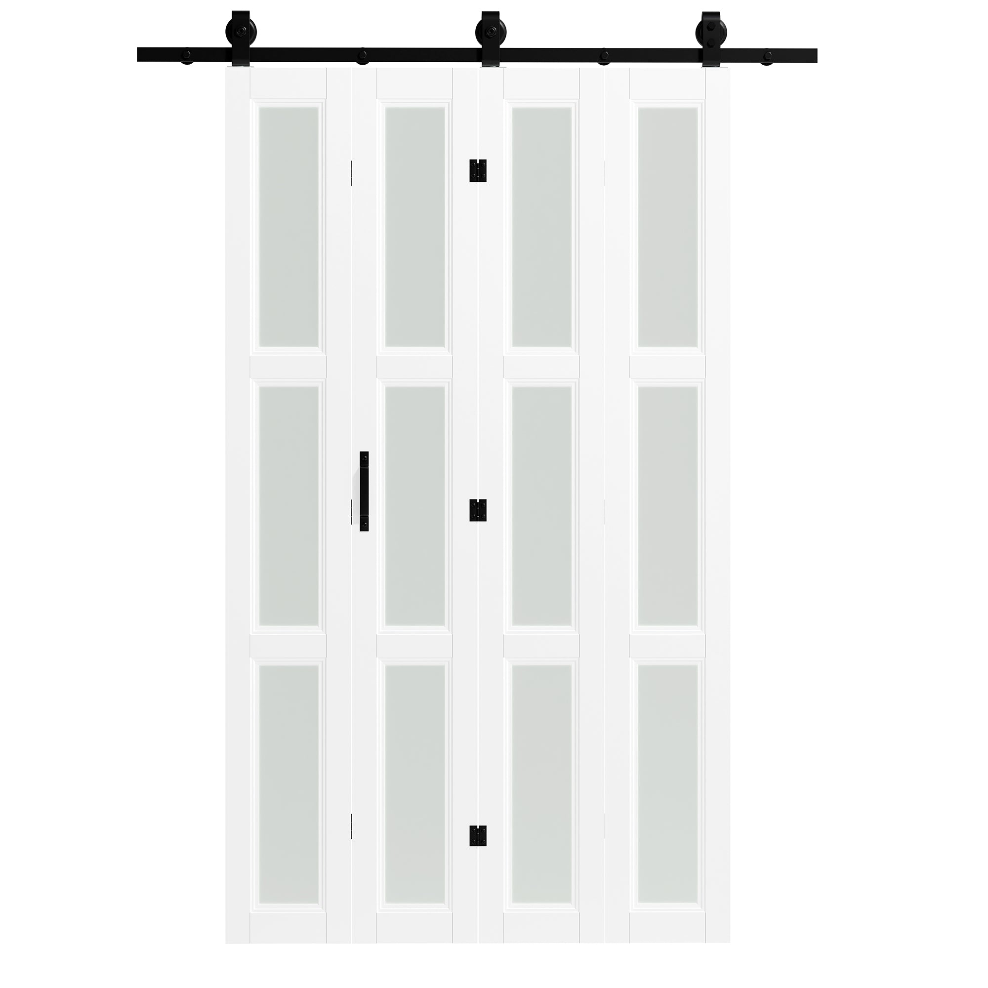 TENONER White MDF 3-Lite Frosted Glass Four-Fold Sliding Barn Door for Closet, Bedroom, Laundry Room - Accordion Style, Pre-Drilled with Multi-Fold Hardware Kits (4.3FT Track for 4 Doors)