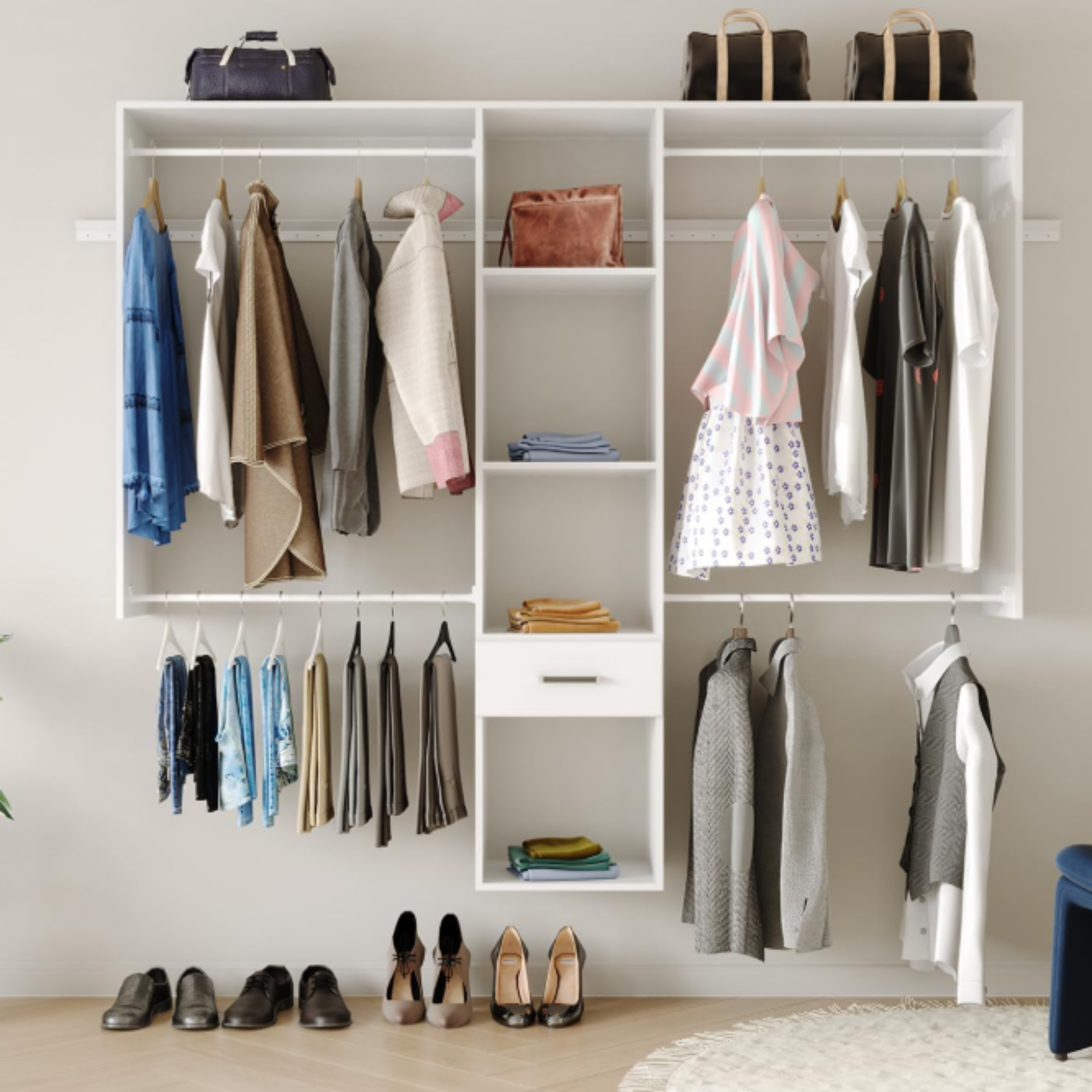 TENONER White Wall Mounted Closet System, Large Garment Rack Shelves and One Drawer for Bedroom and Livingroom Need to be Assemble , Space-Saving with Hanging Rod and All Hardware Kits