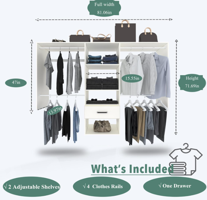 TENONER White Wall Mounted Closet System, Large Garment Rack Shelves and One Drawer for Bedroom and Livingroom Need to be Assemble , Space-Saving with Hanging Rod and All Hardware Kits