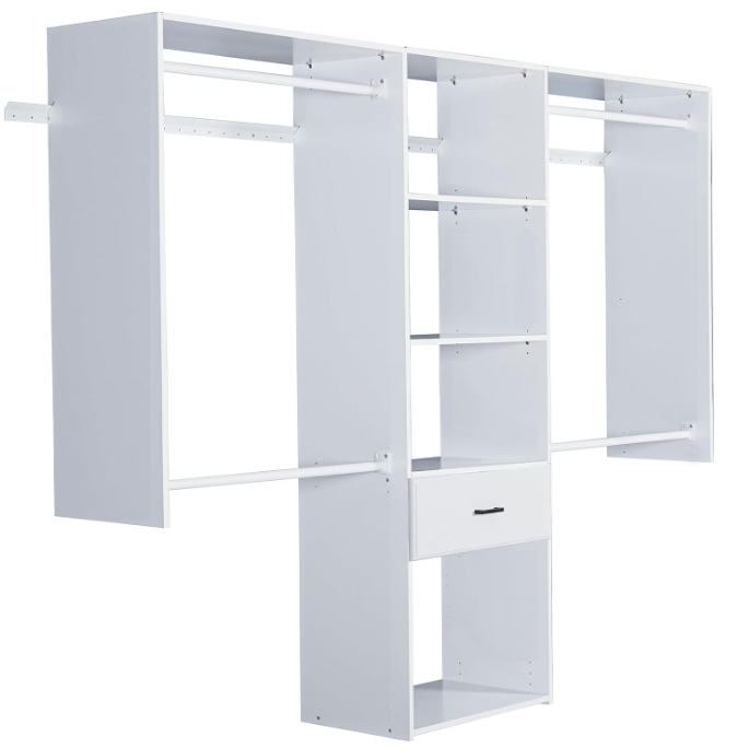TENONER White Wall Mounted Closet System, Large Garment Rack Shelves and One Drawer for Bedroom and Livingroom Need to be Assemble , Space-Saving with Hanging Rod and All Hardware Kits