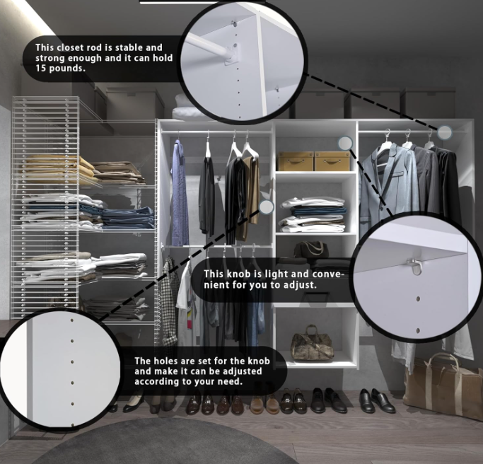 TENONER White Wall Mounted Closet System, Large Garment Rack Shelves and One Drawer for Bedroom and Livingroom Need to be Assemble , Space-Saving with Hanging Rod and All Hardware Kits