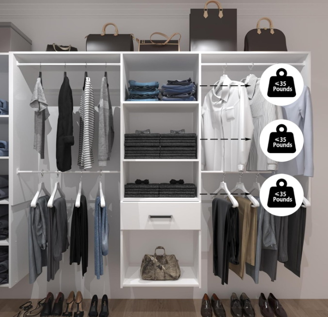 TENONER White Wall Mounted Closet System, Large Garment Rack Shelves and One Drawer for Bedroom and Livingroom Need to be Assemble , Space-Saving with Hanging Rod and All Hardware Kits