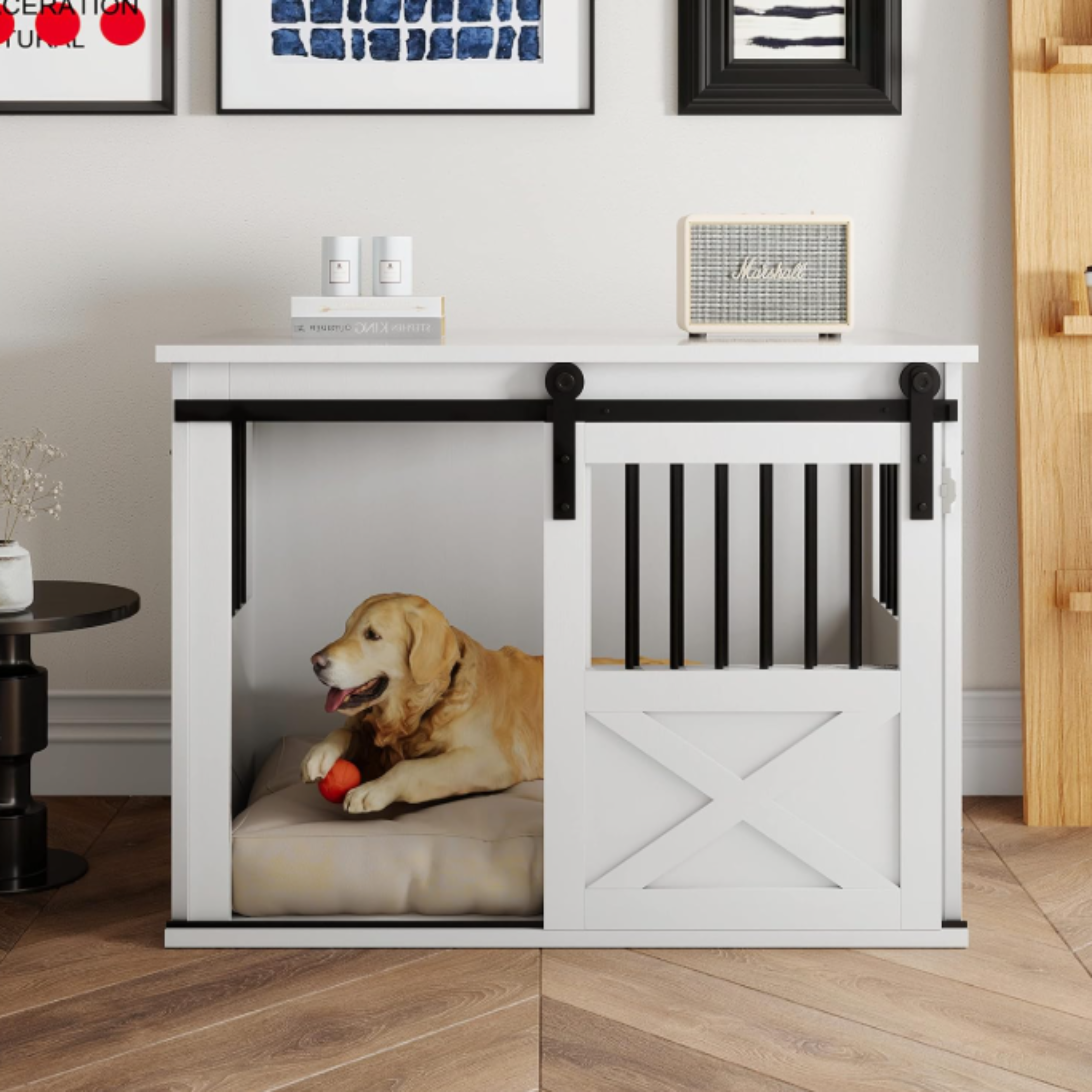 TENONER White Wooden Dog Crate Furniture with Sliding Door, Dog Kennel Furniture Side End Table, Barn Door Large Pet Crate for Small to Medium Dogs, Need to Assembly