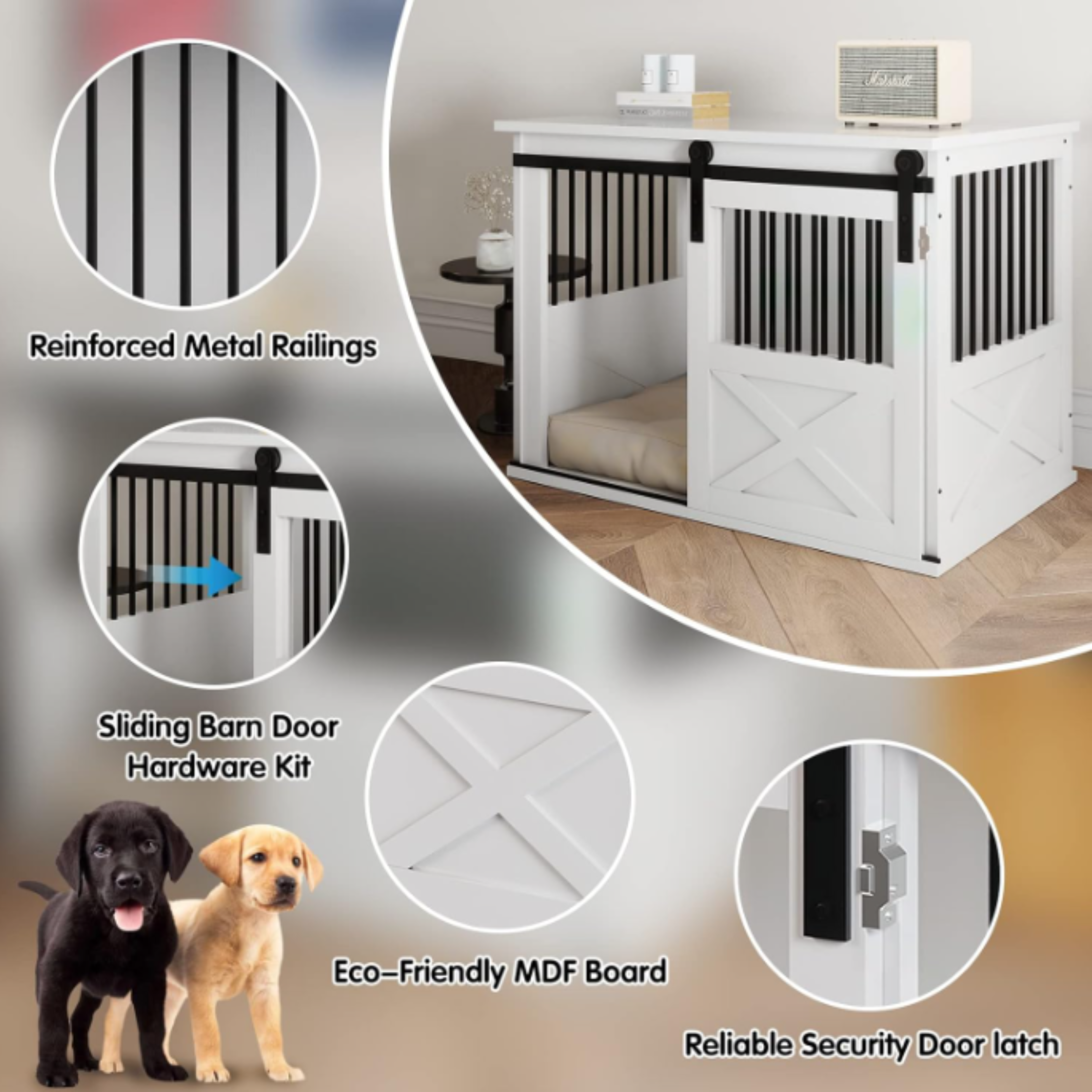 TENONER White Wooden Dog Crate Furniture with Sliding Door, Dog Kennel Furniture Side End Table, Barn Door Large Pet Crate for Small to Medium Dogs, Need to Assembly