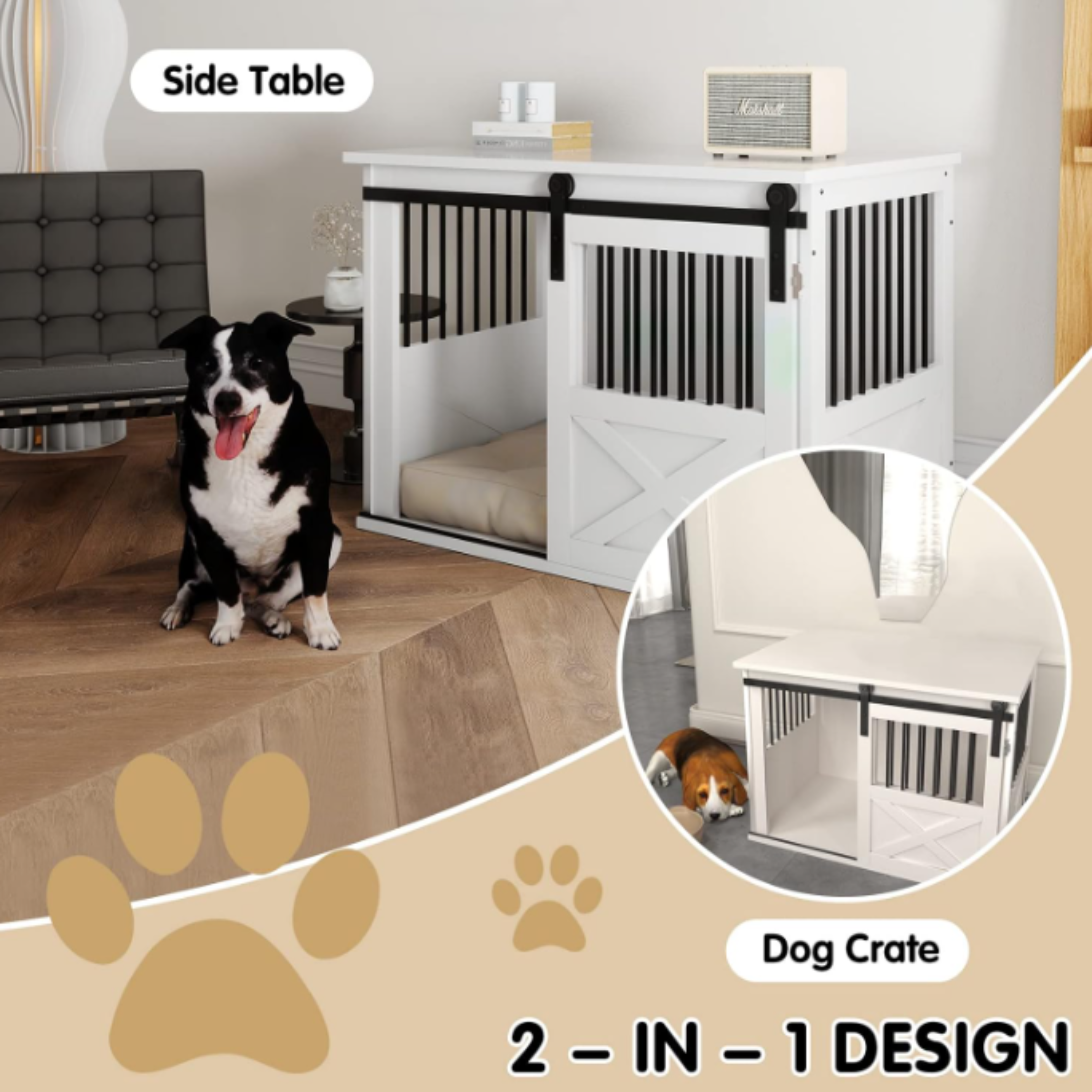 TENONER White Wooden Dog Crate Furniture with Sliding Door, Dog Kennel Furniture Side End Table, Barn Door Large Pet Crate for Small to Medium Dogs, Need to Assembly