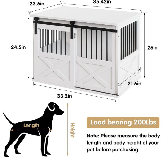 TENONER White Wooden Dog Crate Furniture with Sliding Door, Dog Kennel Furniture Side End Table, Barn Door Large Pet Crate for Small to Medium Dogs, Need to Assembly