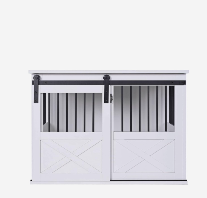 TENONER White Wooden Dog Crate Furniture with Sliding Door, Dog Kennel Furniture Side End Table, Barn Door Large Pet Crate for Small to Medium Dogs, Need to Assembly