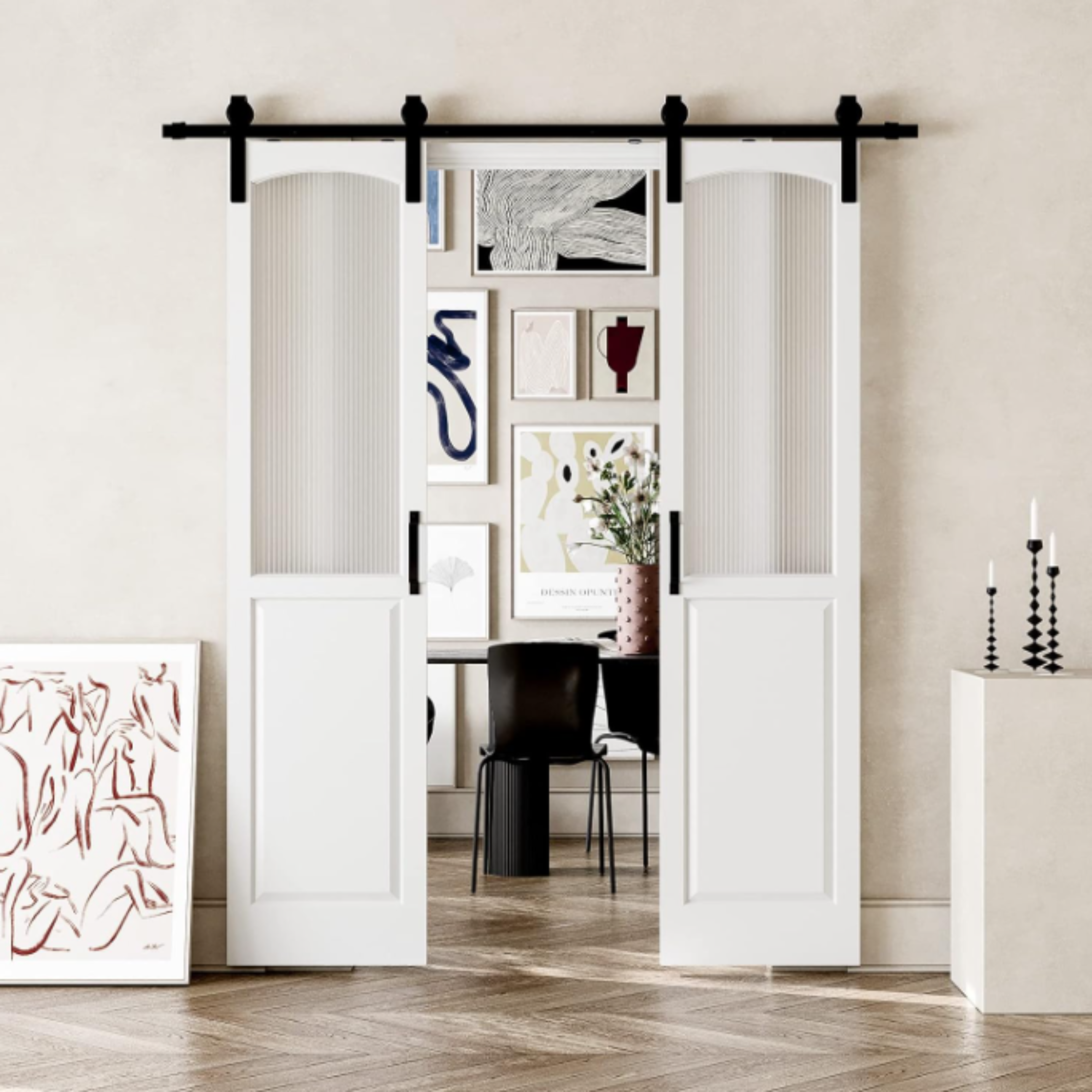 TENONER White MDF 1/2-Lite Arched Reeded Glass Sliding Barn Doors for Living Rooms, Bedrooms, or Kitchen – Waterproof Covering, Privacy Protection with Barn Door Hardware Kits