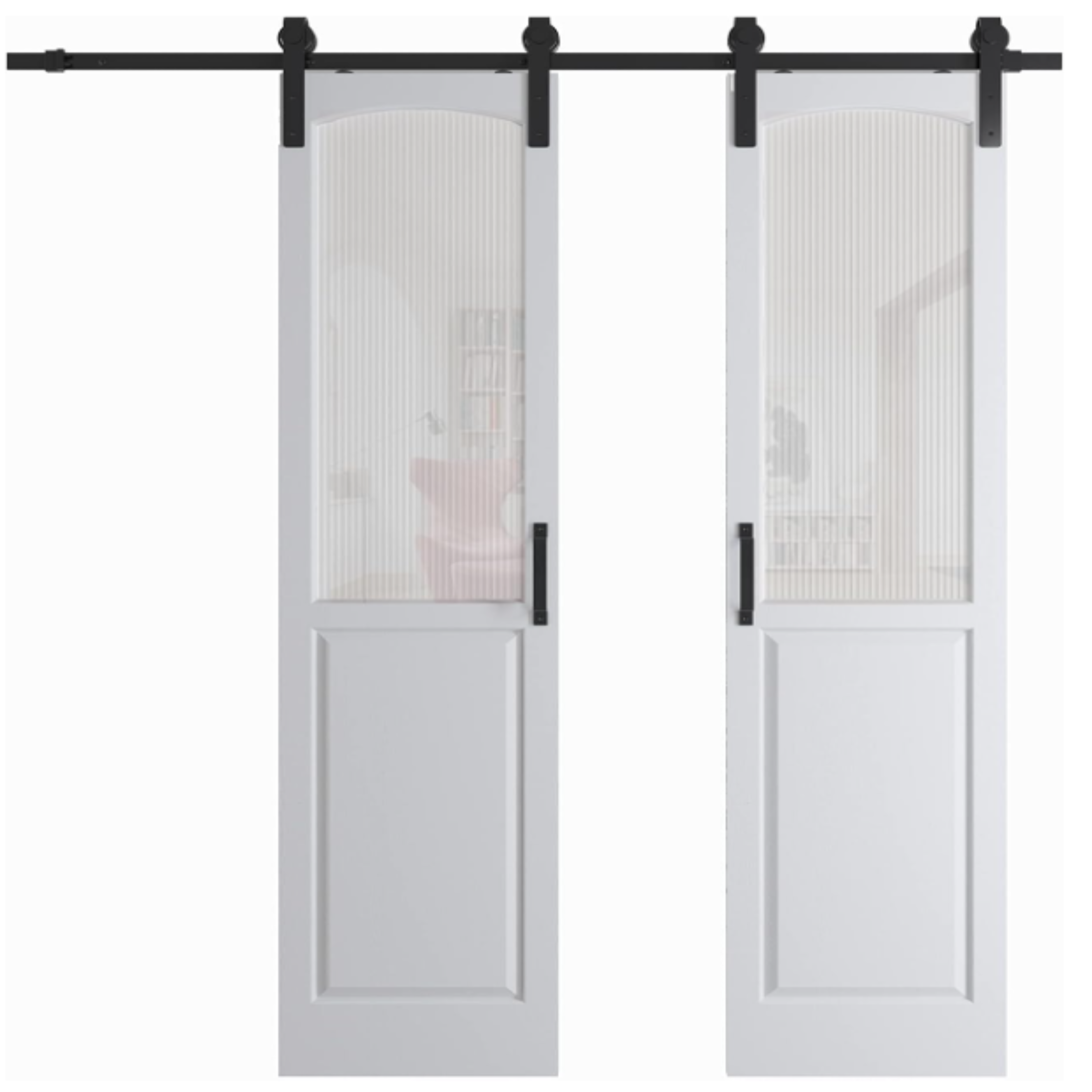 TENONER White MDF 1/2-Lite Arched Reeded Glass Sliding Barn Doors for Living Rooms, Bedrooms, or Kitchen – Waterproof Covering, Privacy Protection with Barn Door Hardware Kits