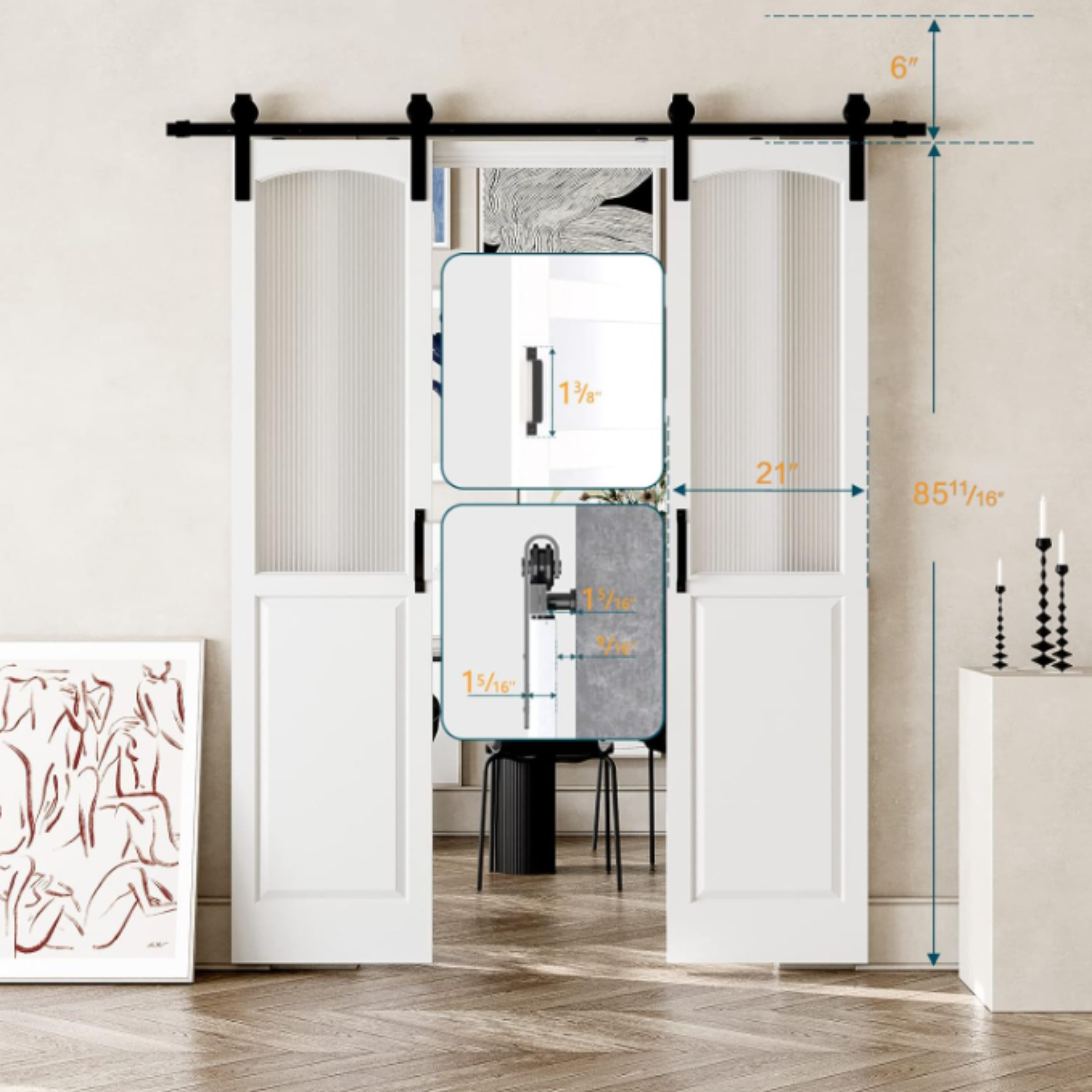 TENONER White MDF 1/2-Lite Arched Reeded Glass Sliding Barn Doors for Living Rooms, Bedrooms, or Kitchen – Waterproof Covering, Privacy Protection with Barn Door Hardware Kits