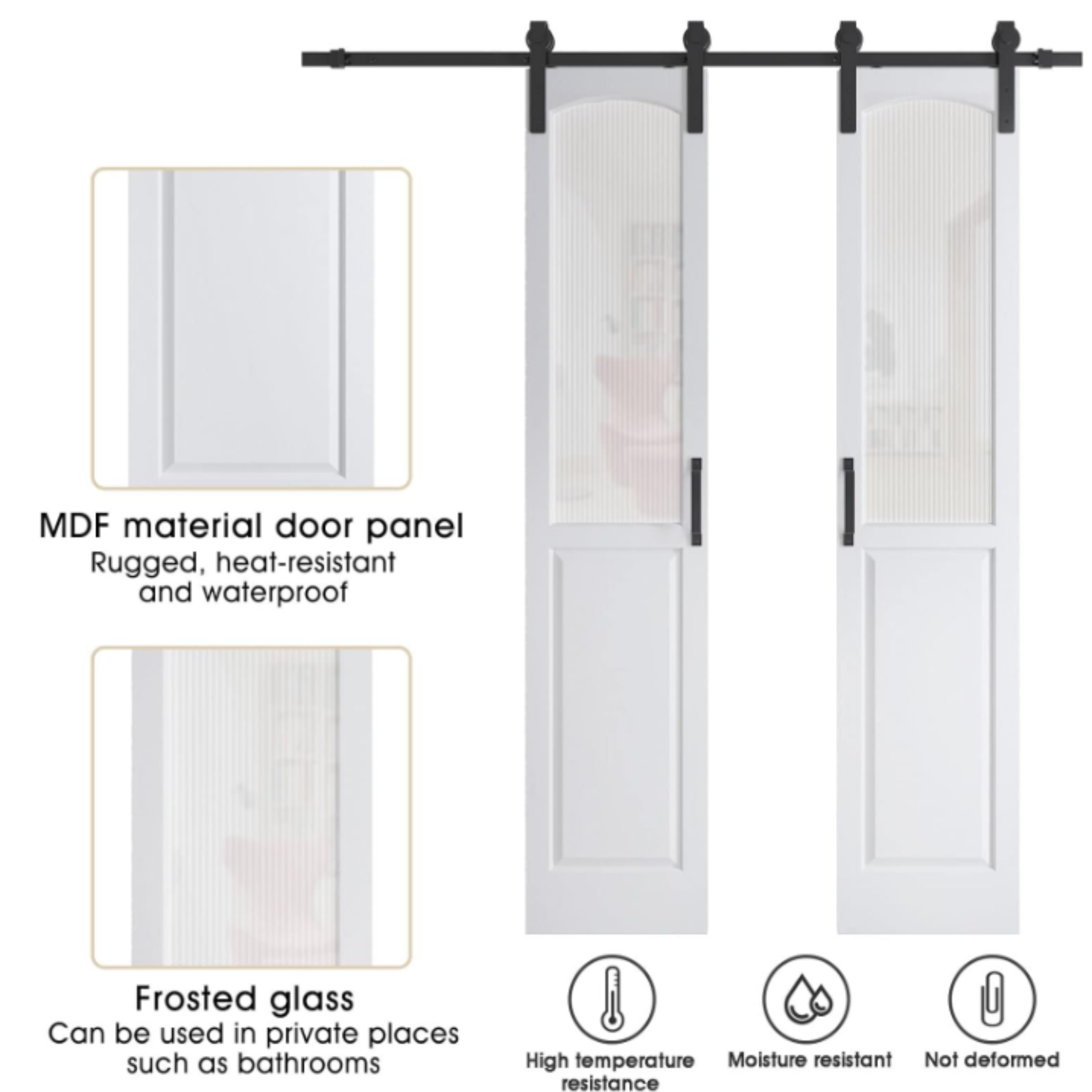 TENONER White MDF 1/2-Lite Arched Reeded Glass Sliding Barn Doors for Living Rooms, Bedrooms, or Kitchen – Waterproof Covering, Privacy Protection with Barn Door Hardware Kits