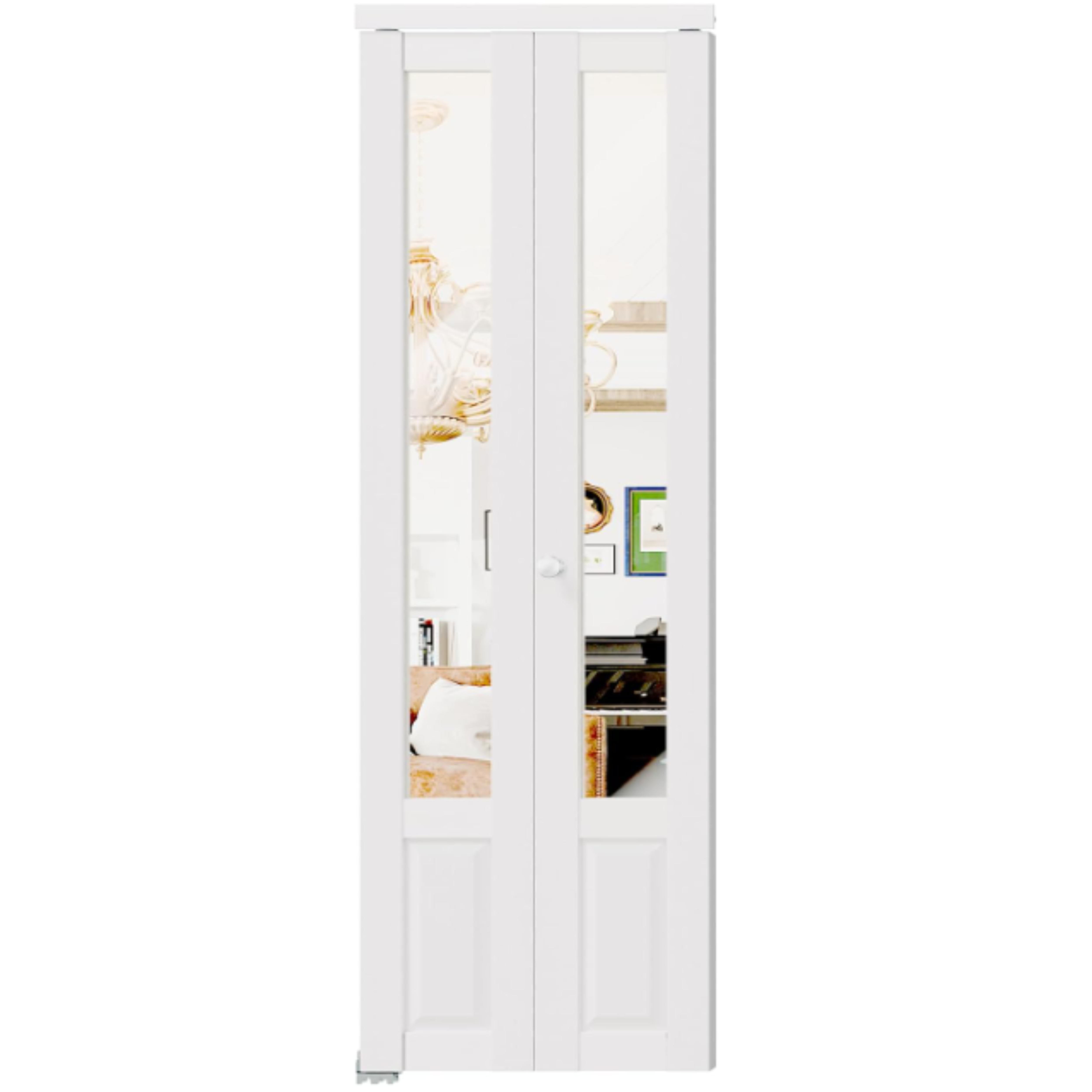 TENONER White MDF 1/2-Lite Mirrored Glass Bi-Fold Interior Door for Closet, Pantry, Laundry Room - Ventilation-Friendly, Space-Saving with Hardware Kits