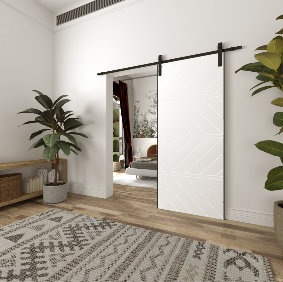 TENONER White Diagonal Stripes MDF 4 Panel Single/Double Sliding Barn Door for Living Rooms, Bedrooms, Laundry – Waterproof, Privacy Protection with Barn Door Hardware Kits