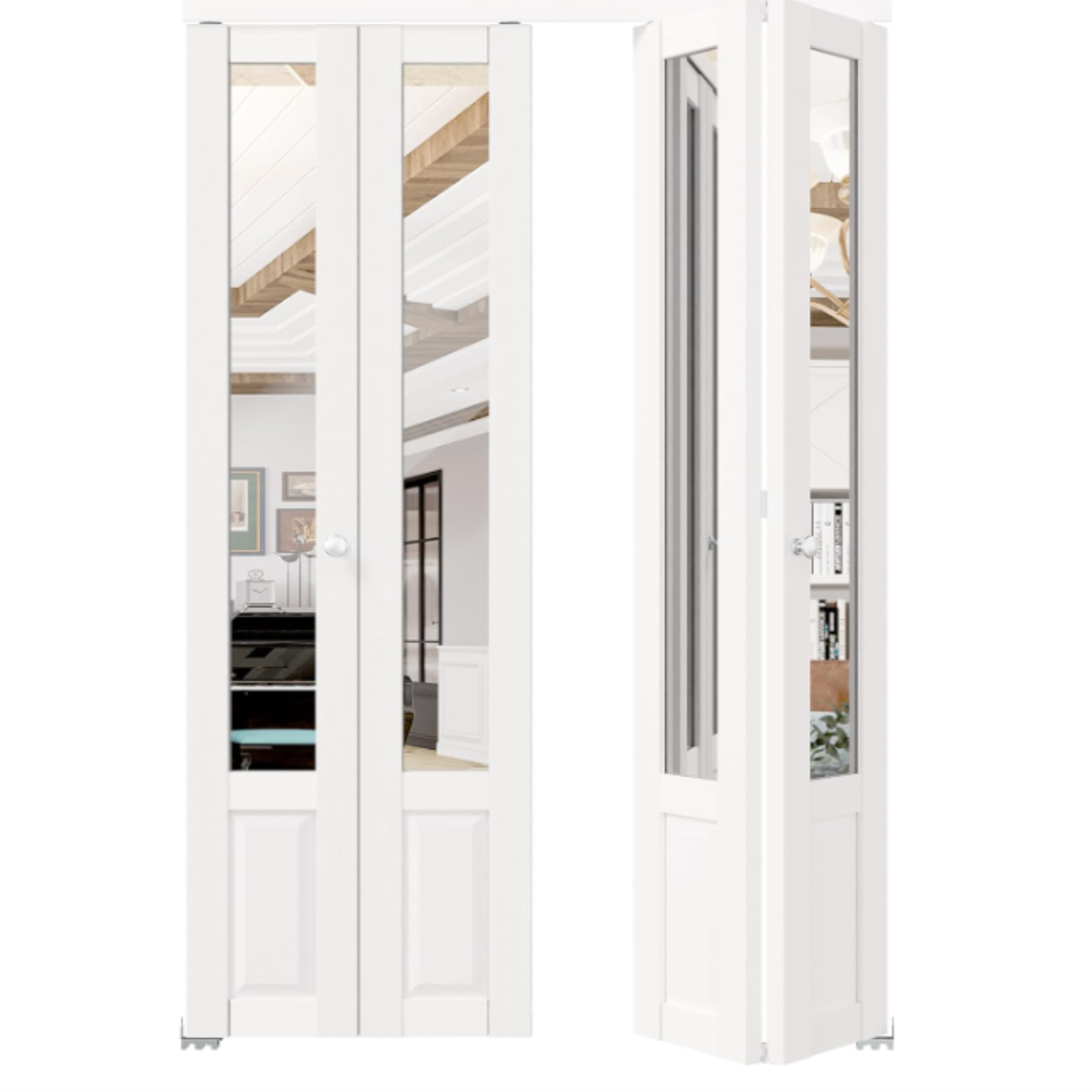 TENONER White MDF 1/2-Lite Mirrored Glass Bi-Fold Interior Door for Closet, Pantry, Laundry Room - Ventilation-Friendly, Space-Saving with Hardware Kits