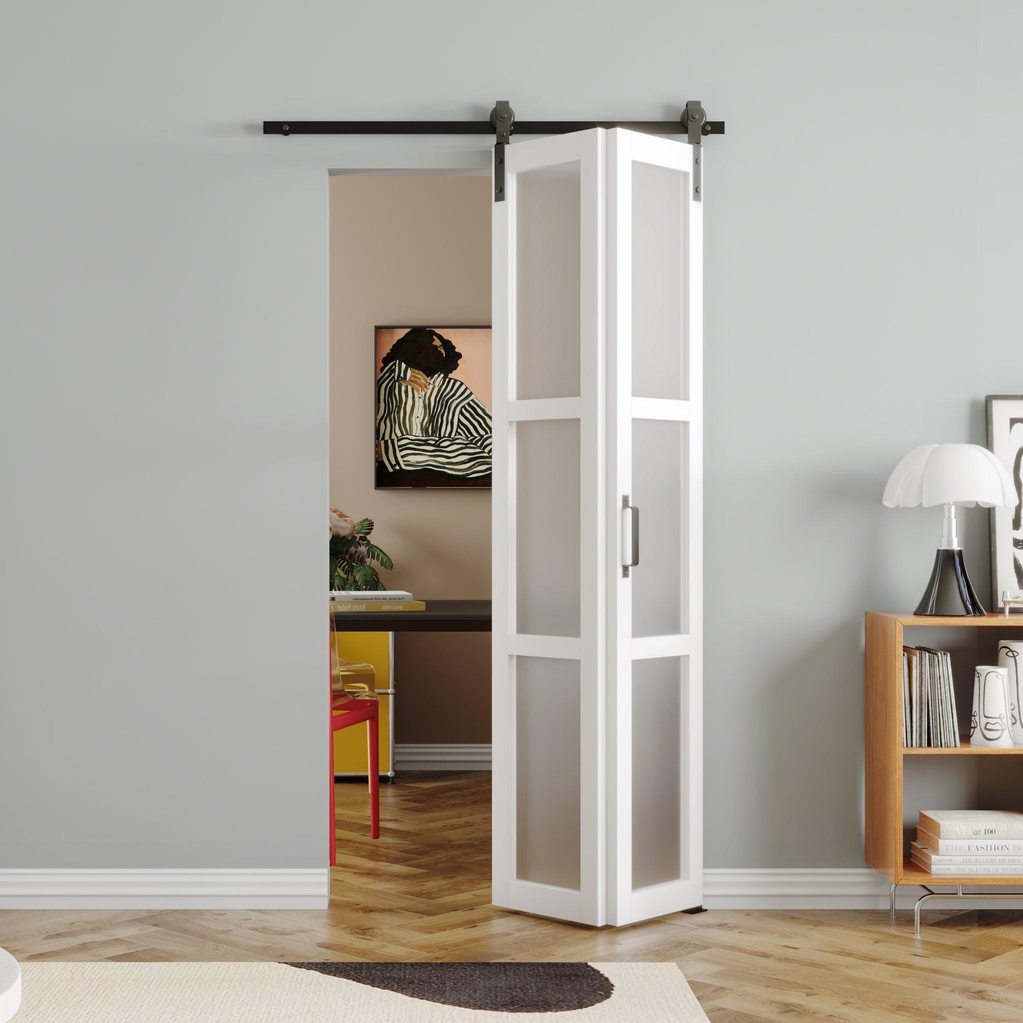 TENONER White MDF 3-Lite Tempered Frosted Glass Bi-Fold Sliding Barn D, image size:2048x2048