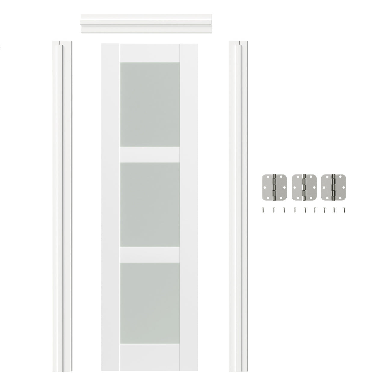 TENONER White MDF 3-Lite Frosted Glass Interior Prehung Door for Closet, Bedroom, Pantry – Easy to Install, Privacy Protection, with Door Jamb and Hardware Kit Lite Frosted Glass Prehung Interior Door White MDF with Door Jamb and Hardware Kit