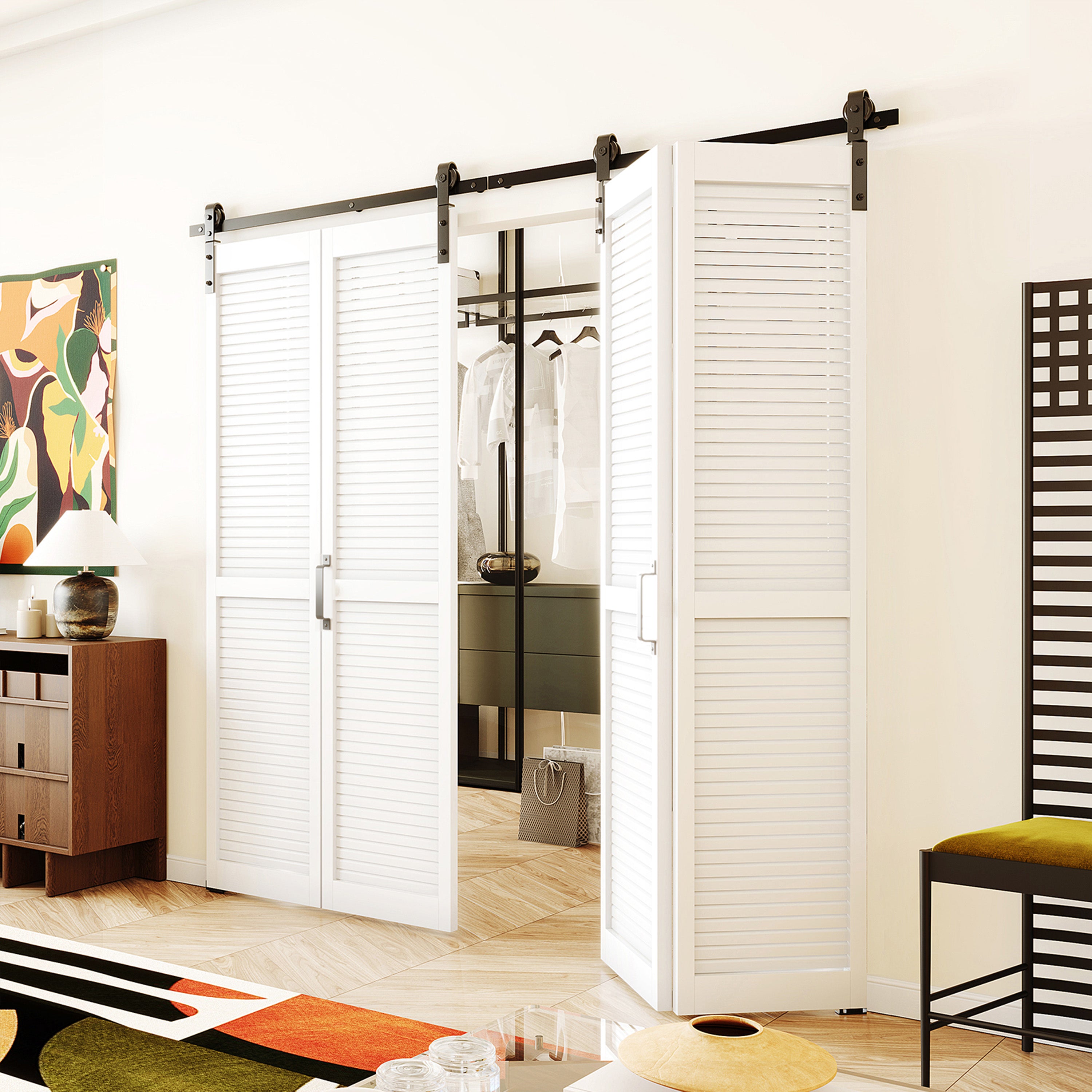 TENONER White MDF Louvered Bi-Fold Sliding Barn Door for Closet, Pantry, Laundry Room - Space-Saving and Smooth Operation with Hardware Kits