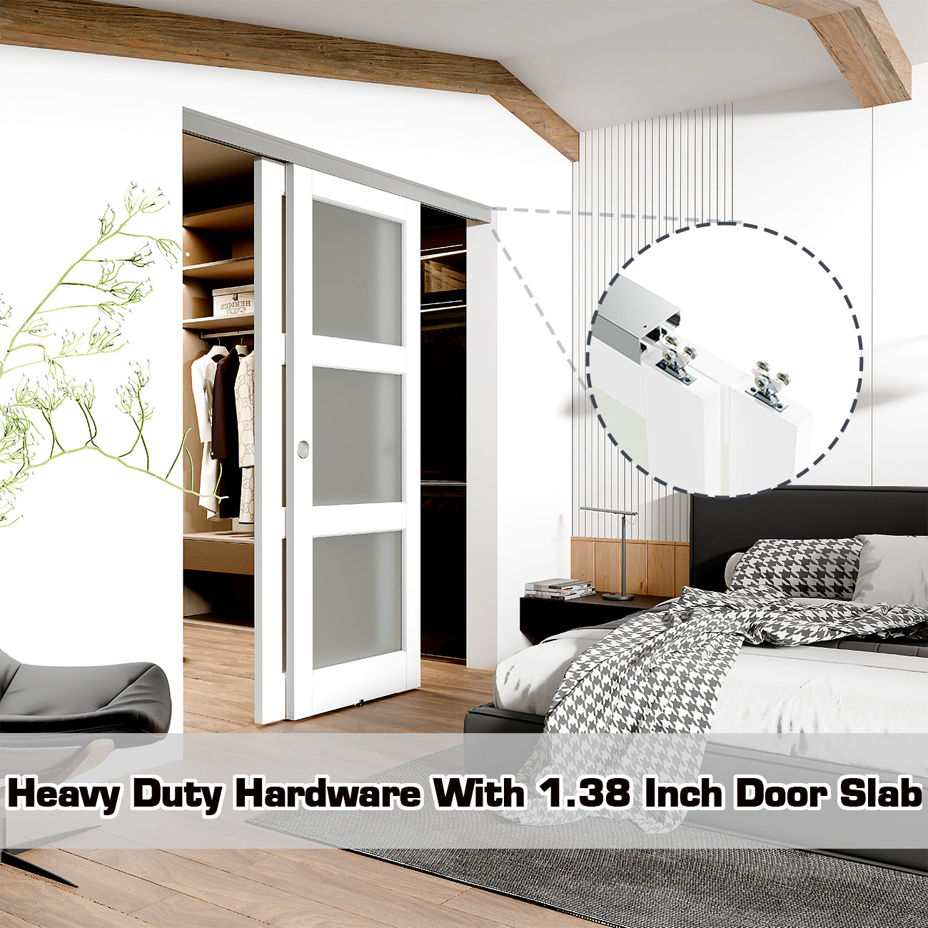TENONER White MDF 3-Lite Frosted Glass Bypass Door for Bedroom, Living Room,Laundry – DIY Painted, Easy Installation with Bypass Hardware Kits