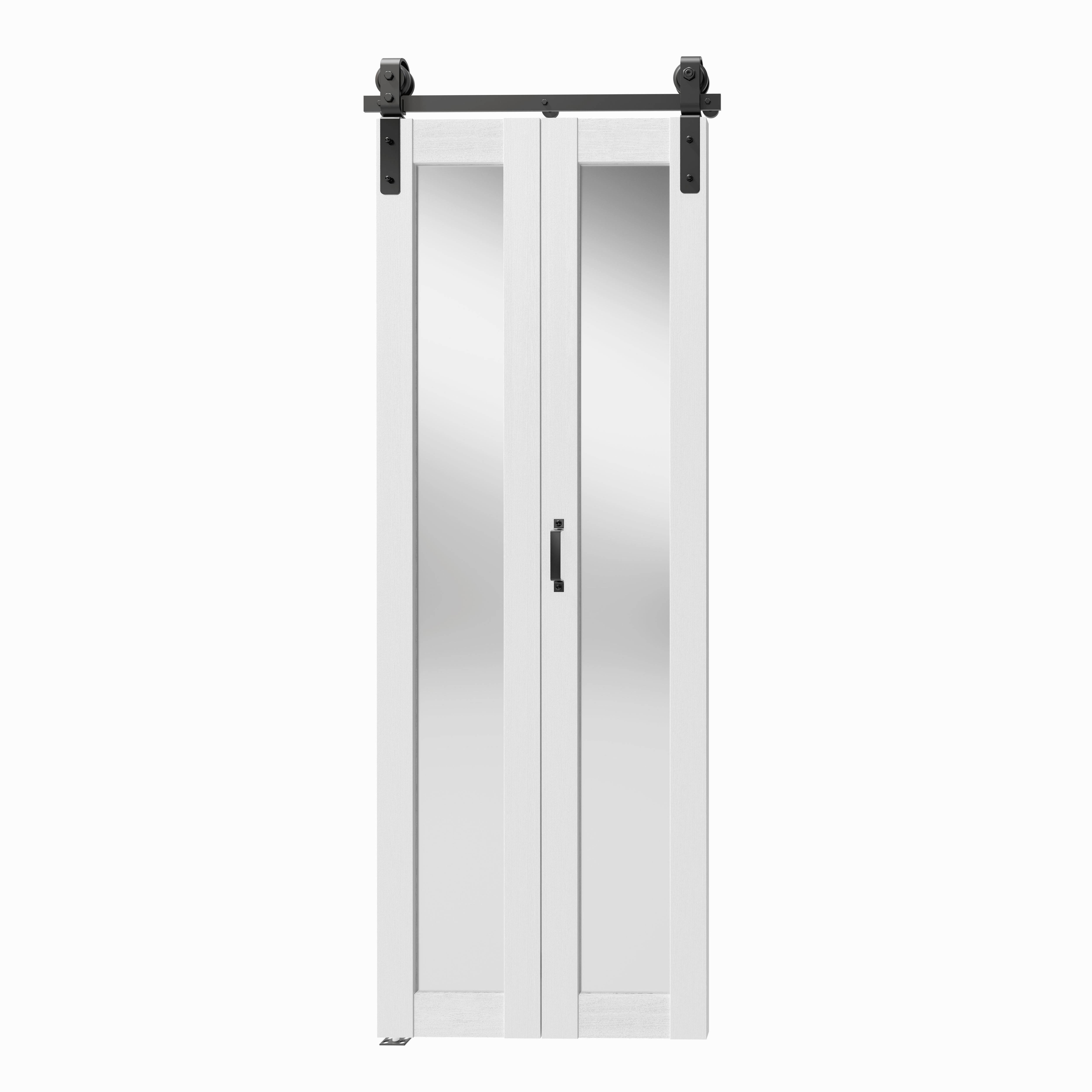 TENONER White MDF 1-Lite Mirrored Glass Bi-Fold Sliding Barn Door for Closet, Bedroom - Space-Saving and Brightening Effect with Hardware Kits