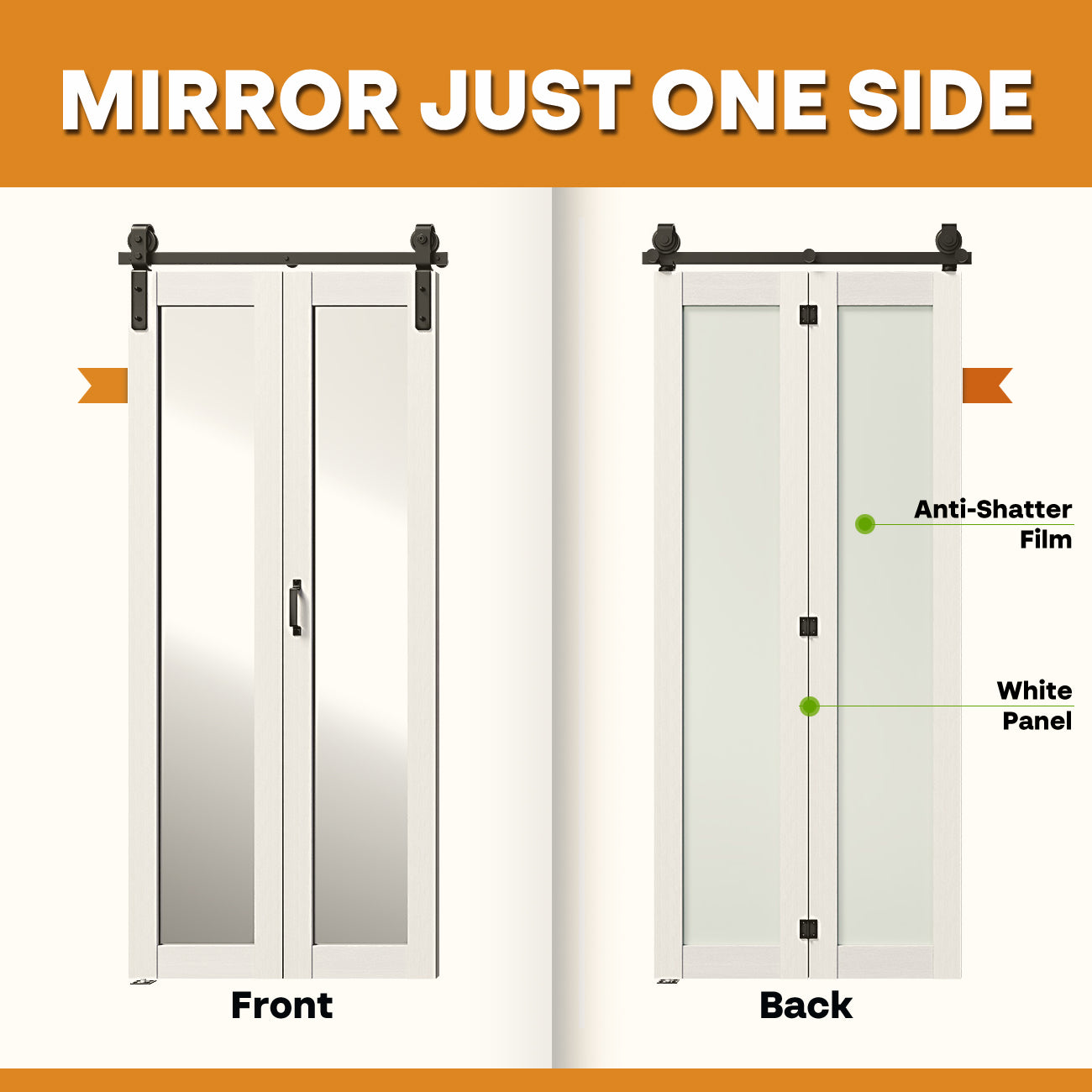 TENONER White MDF 1-Lite Mirrored Glass Bi-Fold Sliding Barn Door for Closet, Bedroom - Space-Saving and Brightening Effect with Hardware Kits