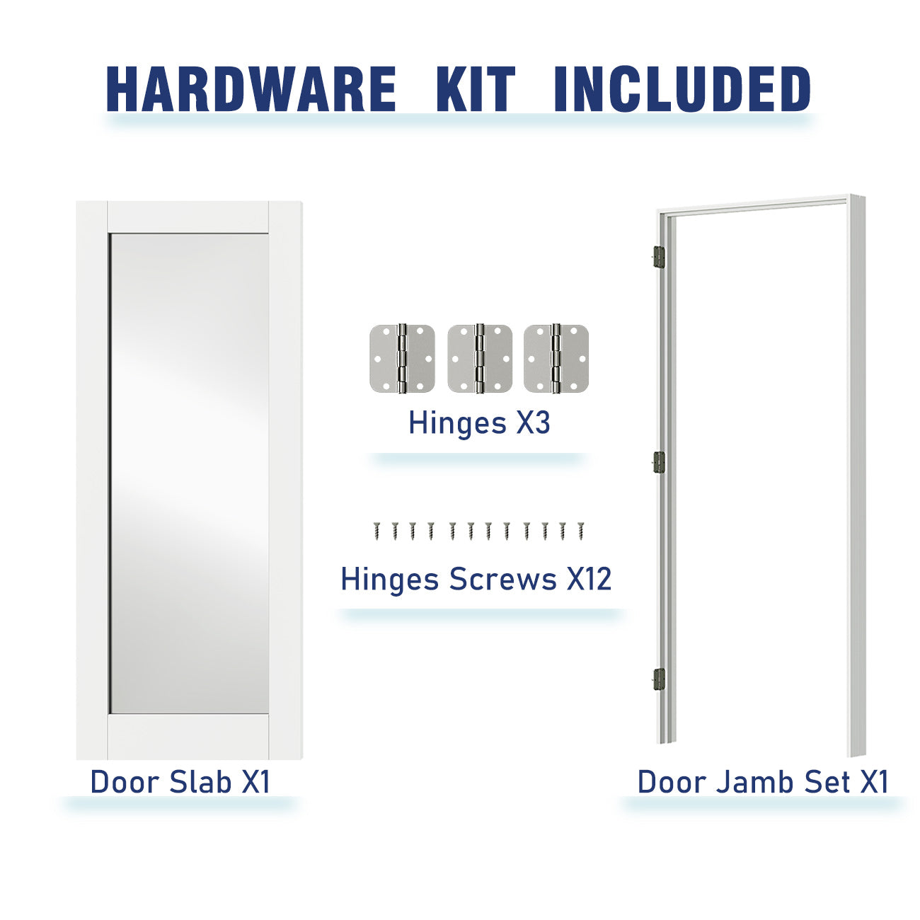 TENONER White MDF 1-Lite Mirrored Glass Interior Prehung Door for Closet, Bedroom, Pantry – Easy to Install, Enhance the light with Door Jamb and Hardware Kit