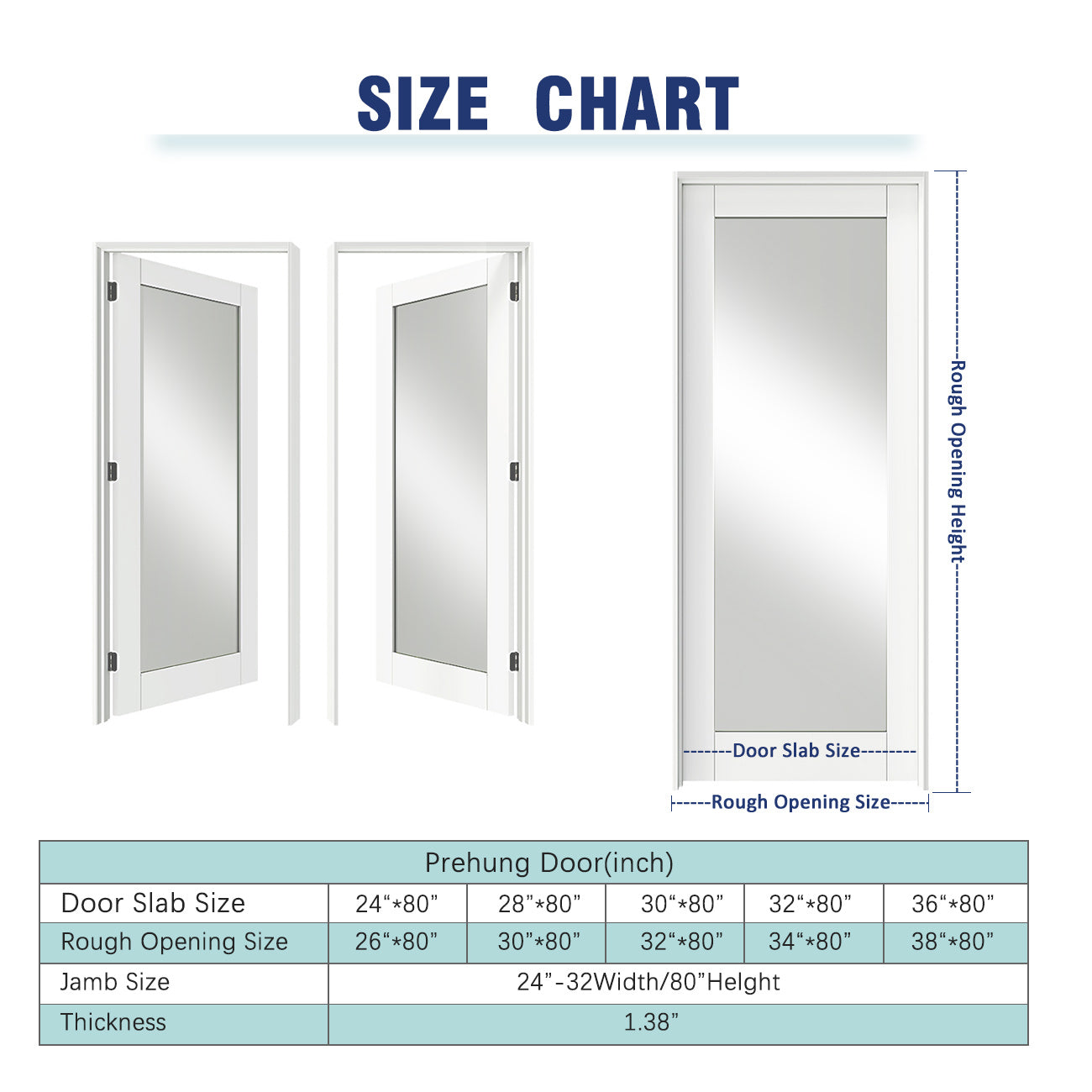 TENONER White MDF 1-Lite Mirrored Glass Interior Prehung Door for Closet, Bedroom, Pantry – Easy to Install, Enhance the light with Door Jamb and Hardware Kit
