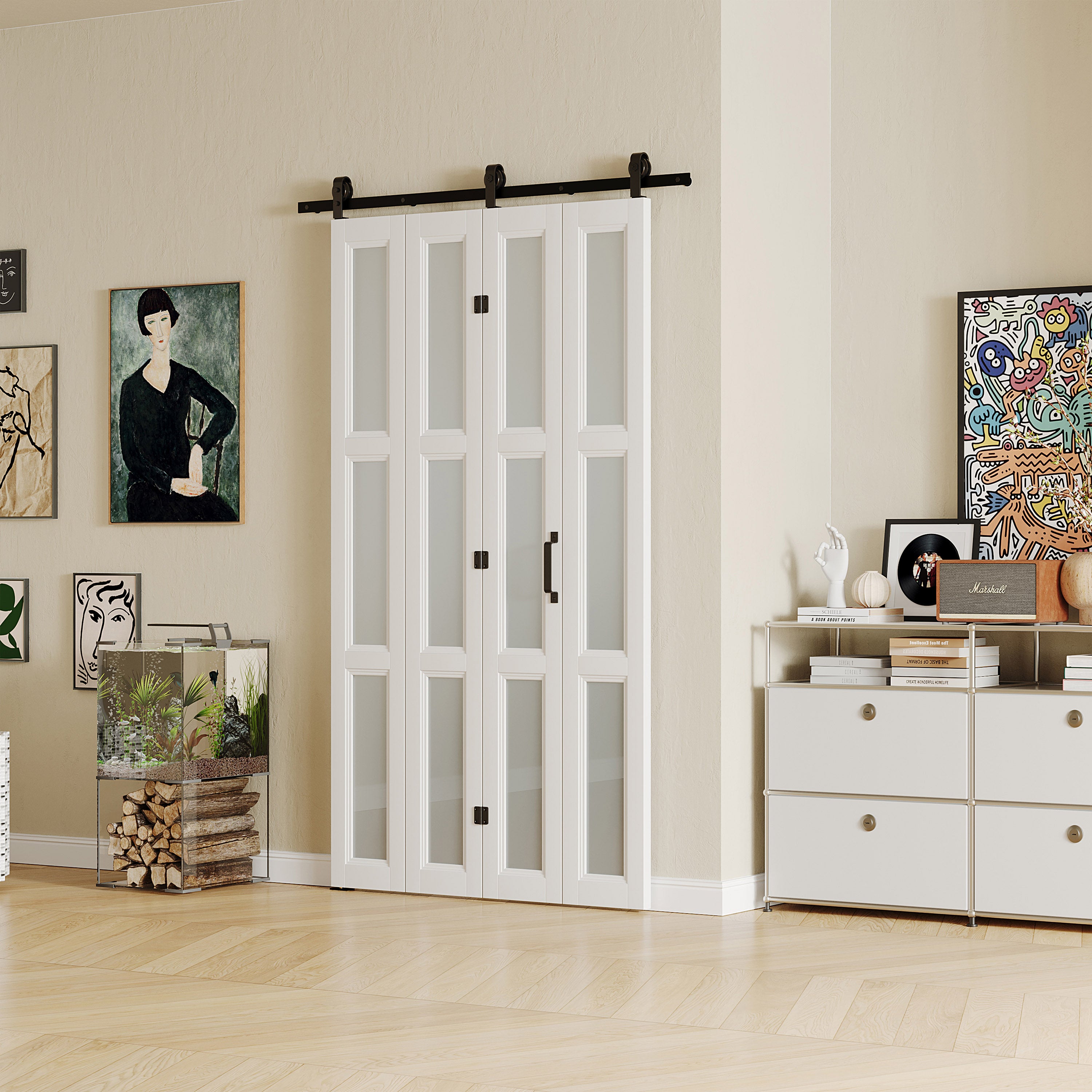 TENONER White MDF 3-Lite Frosted Glass Four-Fold Sliding Barn Door for Closet, Bedroom, Laundry Room - Accordion Style, Pre-Drilled with Multi-Fold Hardware Kits (4.3FT Track for 4 Doors)