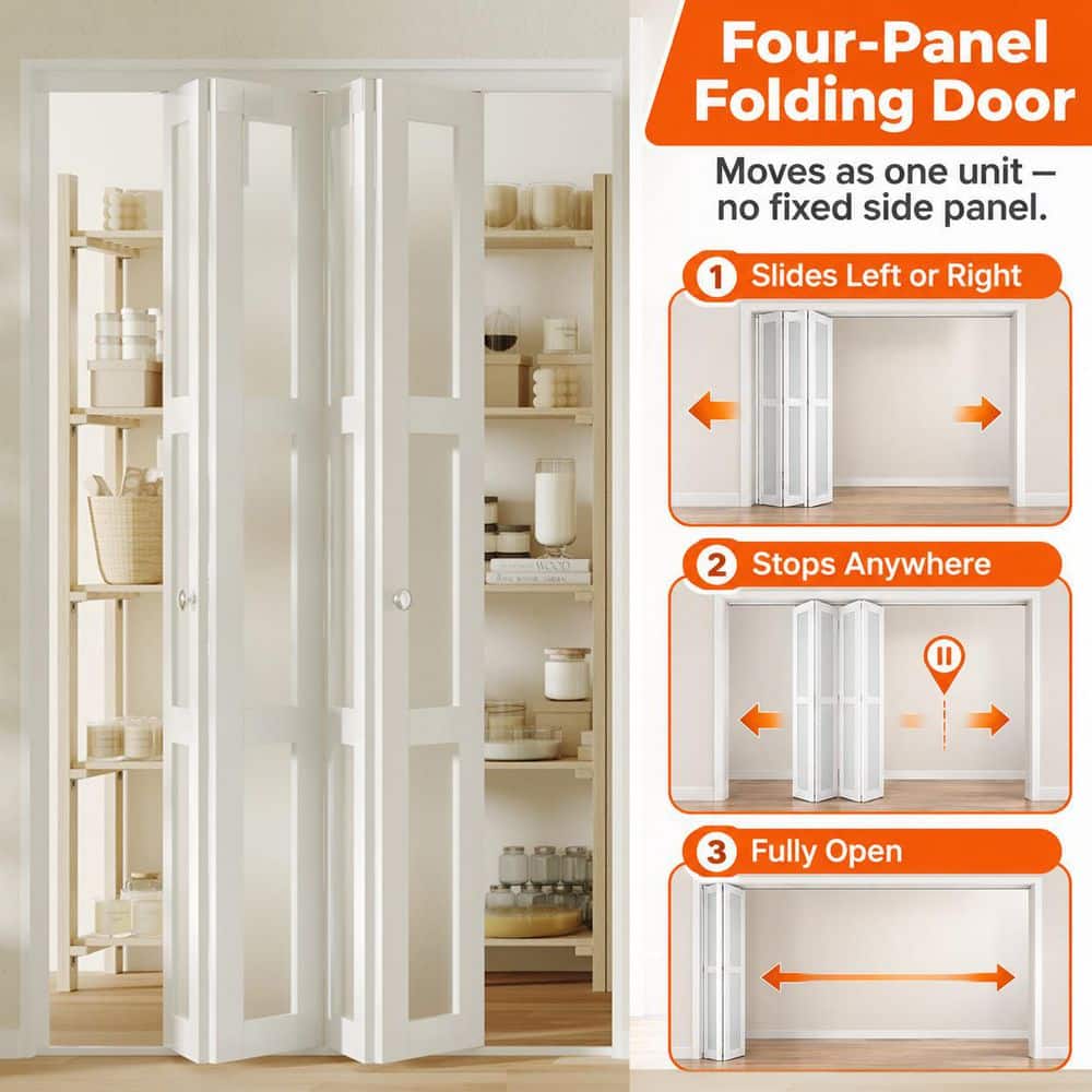 White MDF PVC Covering 3-Lite Frosted Glass 4-Panel Bi-Fold Door for Closet, Laundry Room, Bathroom - Space-Saving