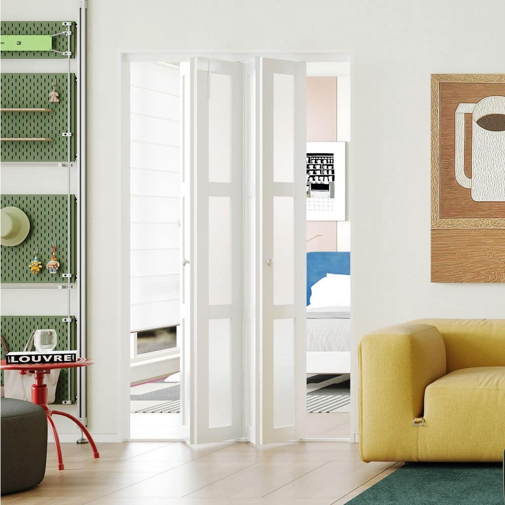 White MDF PVC Covering 3-Lite Frosted Glass 4-Panel Bi-Fold Door for Closet, Laundry Room, Bathroom - Space-Saving