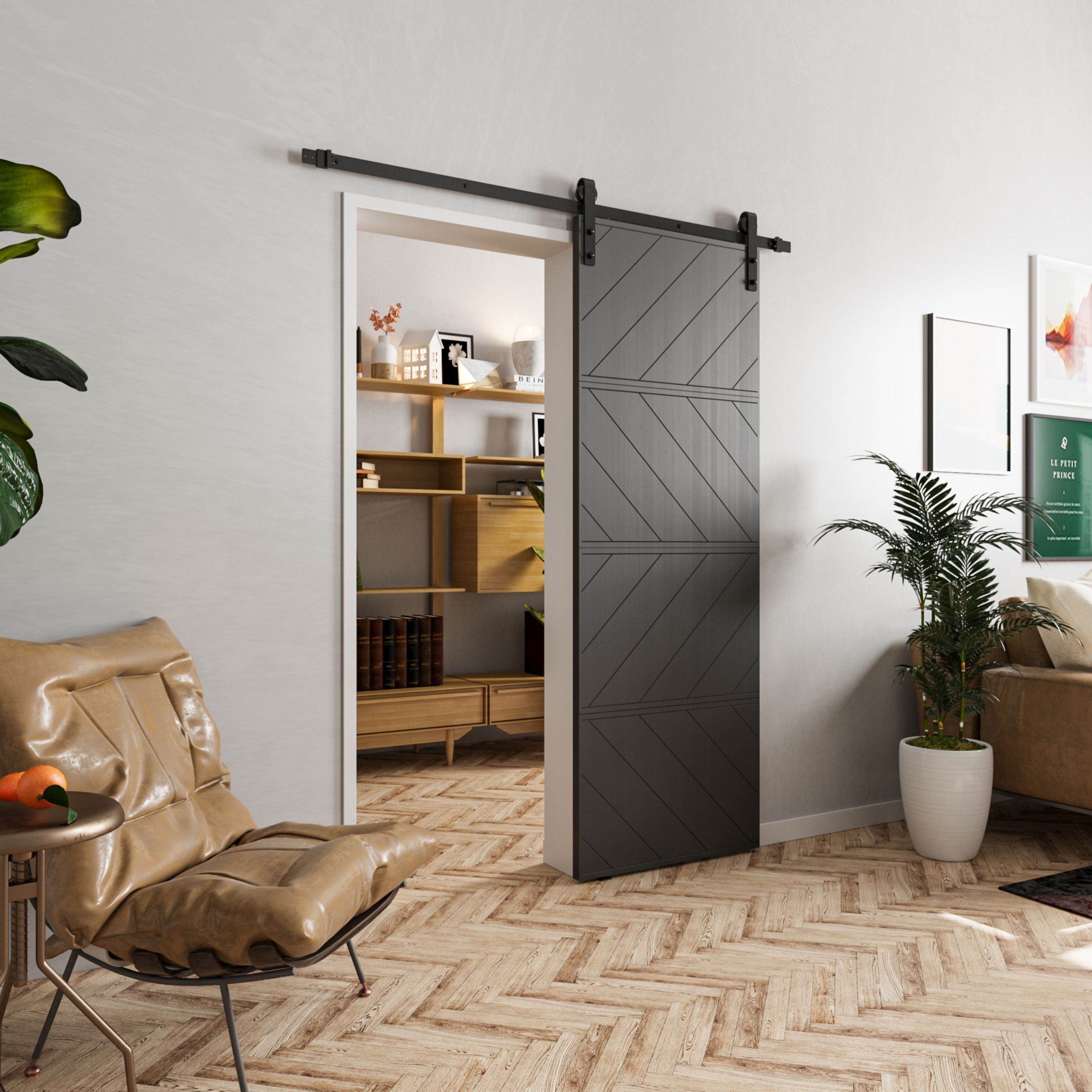 TENONER Black Diagonal Stripes MDF 4 Panel Single/Double Sliding Barn Door for Living Rooms, Bedrooms, Laundry – Waterproof, Privacy Protection with Barn Door Hardware Kits