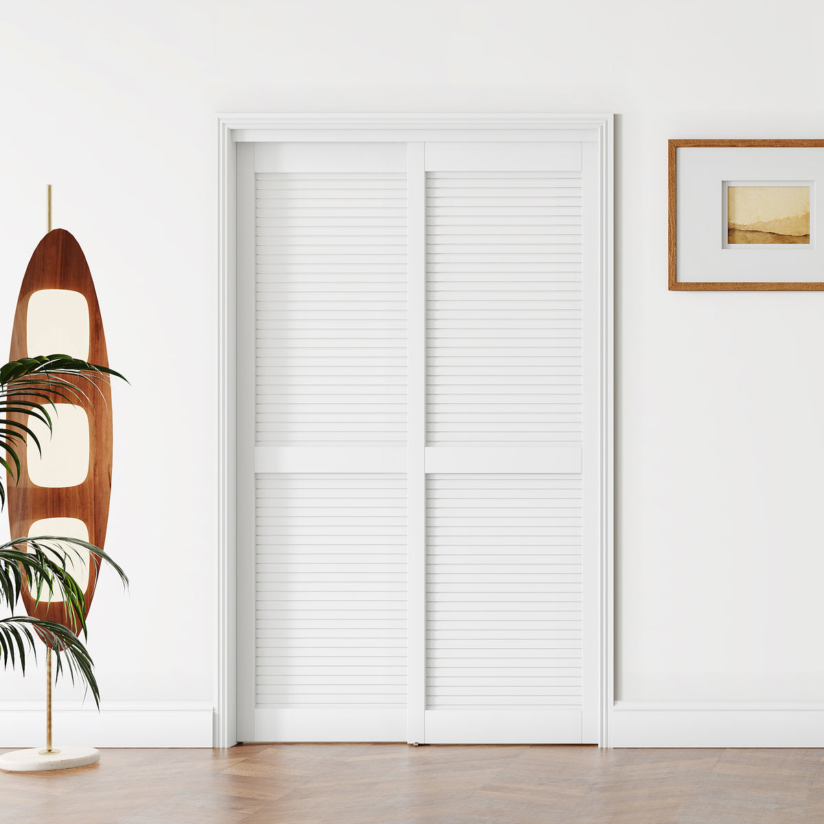 TENONER White MDF Louvered Sliding Closet Door for Bedroom, Closet, an