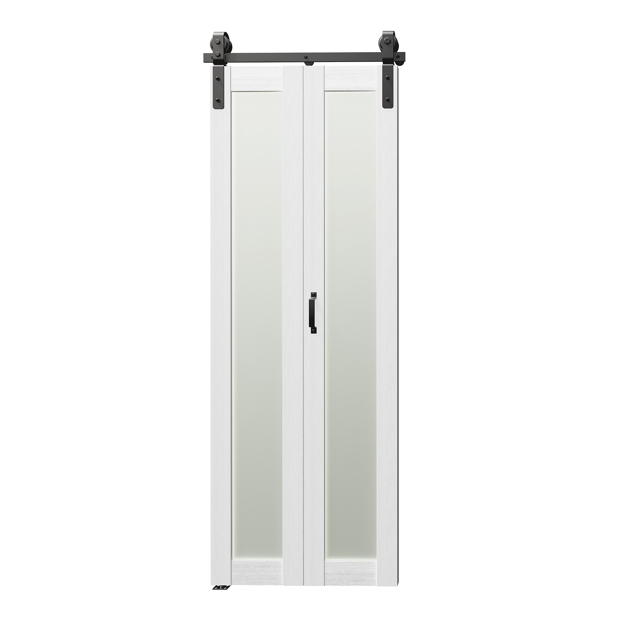 TENONER White MDF 1-Lite Frosted Glass Bi-Fold Sliding Barn Door for Closet, Bedroom - Space-Saving and Privacy Protection with Hardware Kits