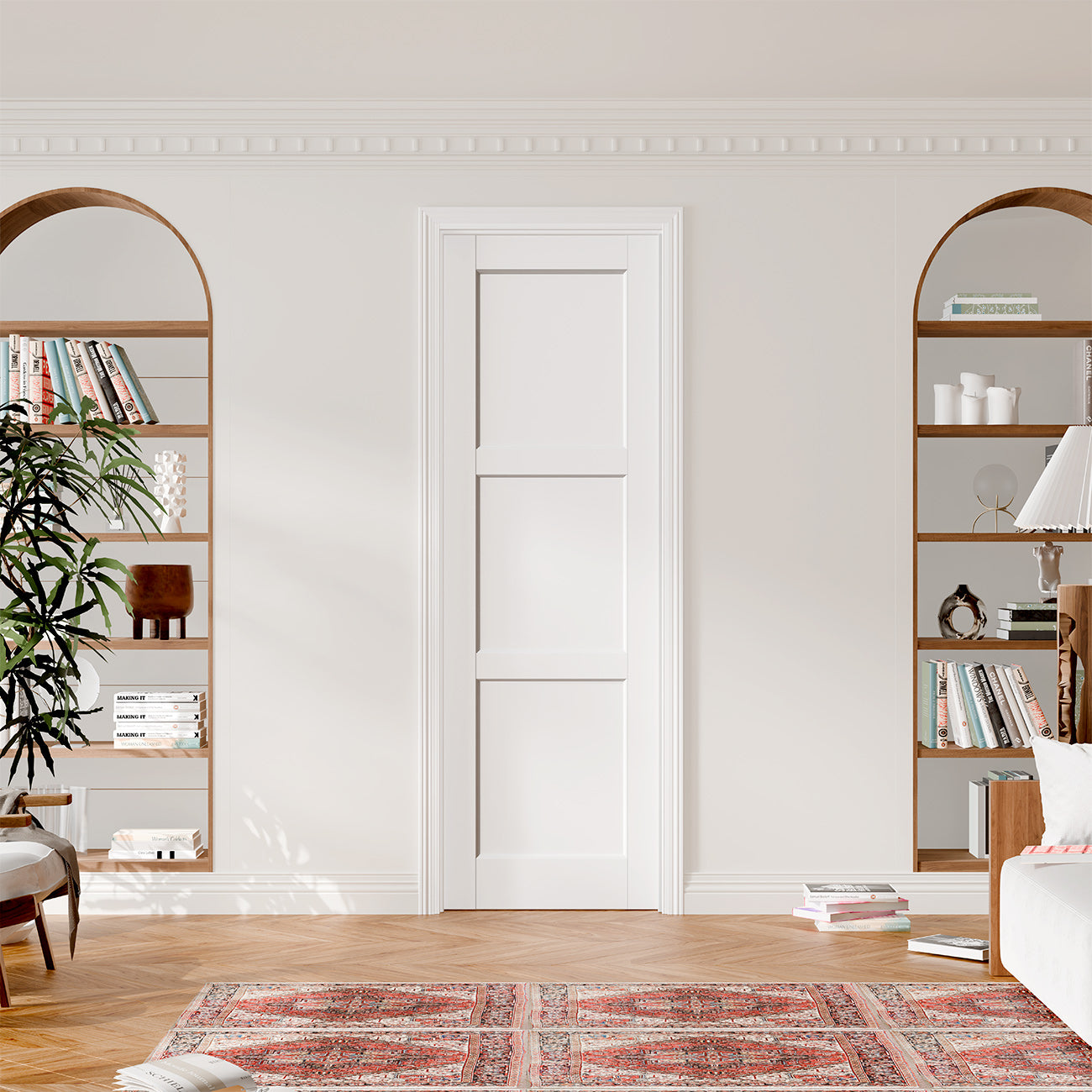 TENONER White MDF 3-Panel Solid Manufactured Wood Interior Prehung Door – Easy to Install, Moisture-Resistant Finish, with Door Jamb and Hardware Kit