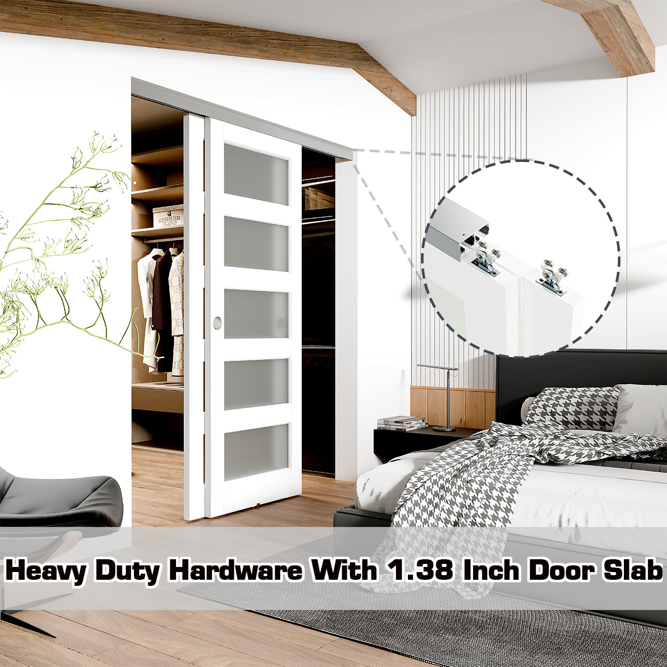 TENONER White MDF 5-Lite Frosted Glass Bypass Door for Bedroom, Living Room,Laundry – DIY Painted, Easy Installation with Bypass Hardware Kits