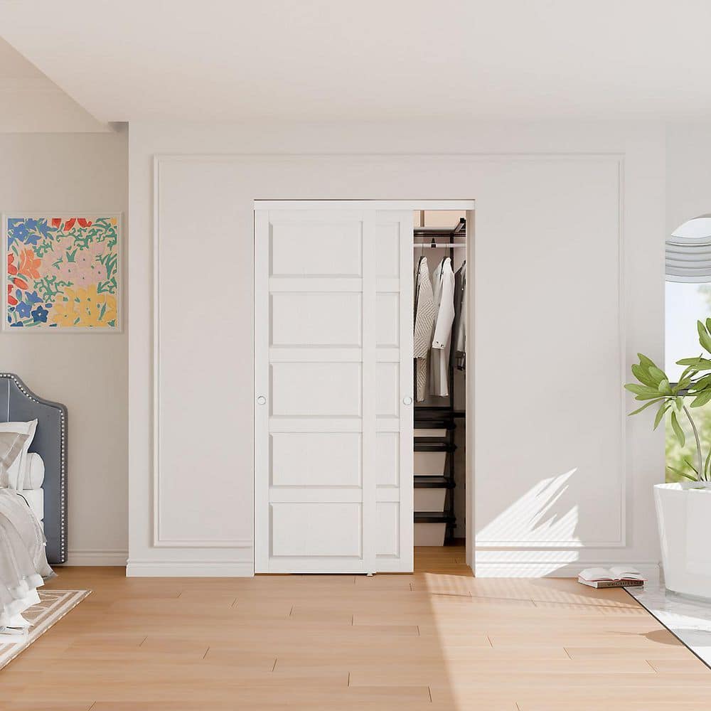 TENONER White MDF 5-Panel Sliding Closet Door for Bedroom, Pantry - Space-Saving, Smooth and Quiet Operation