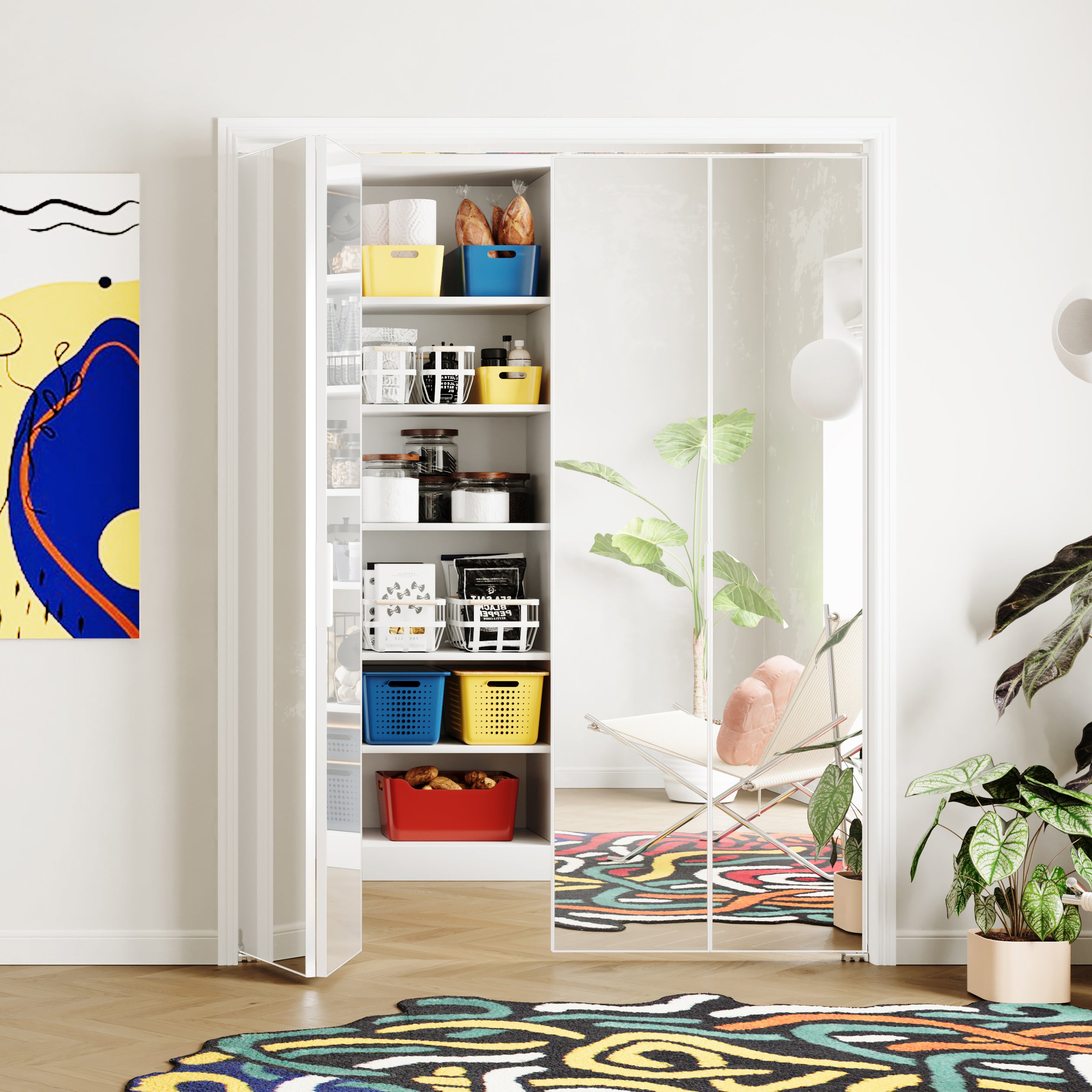 TENONER Black MDF Hollow Core Aluminum Frame Full Lite Mirrored Glass Bi-Fold Door for Closet, Bedroom, Laundry - Water-Resistant, Easy Cleaning with Hardware Kits