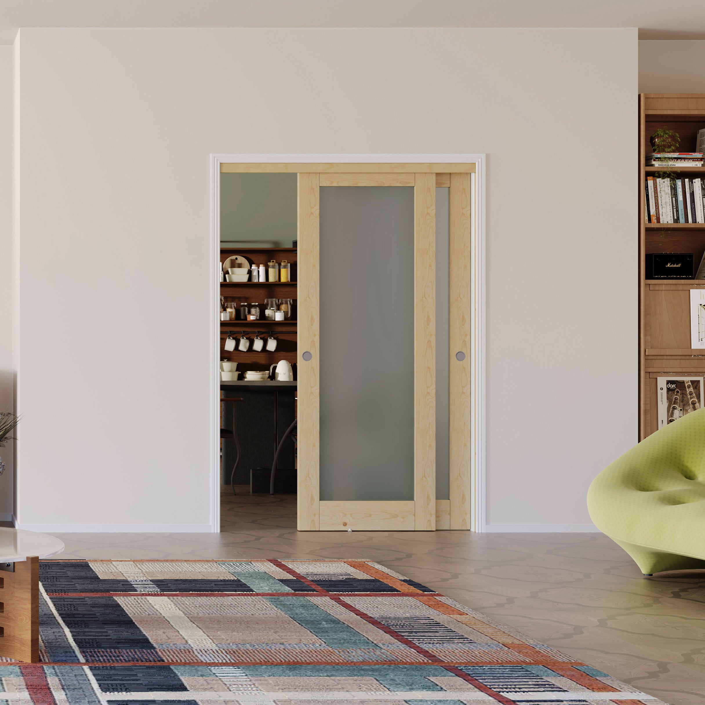 TENONER Pine Wood Color MDF 1-Lite Frosted Glass Single/Double Sliding Closet Door for Bedroom, Closet, and Living room - Easy Assembly, Privacy Enhancing with Hardware Track Kit & Floor Guide