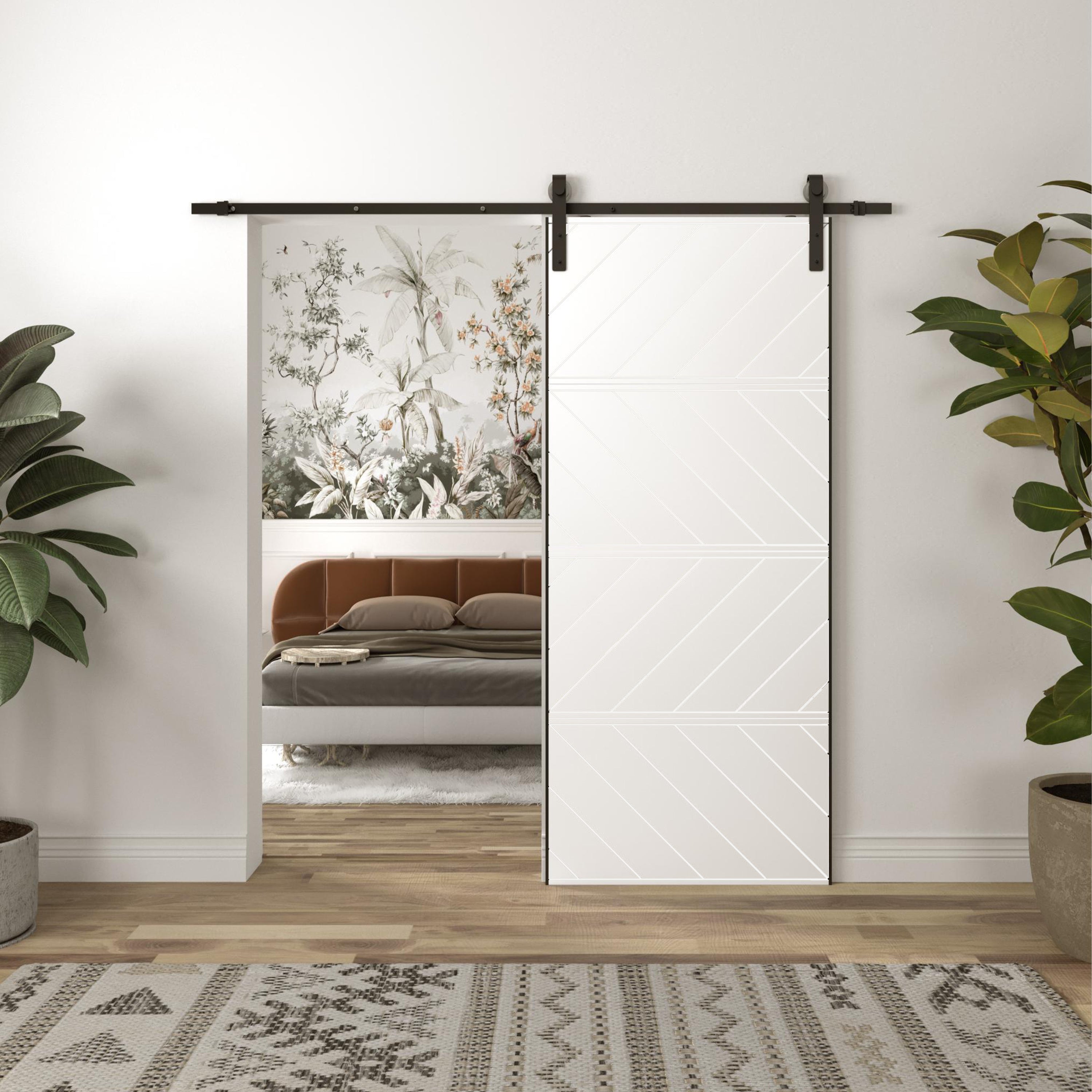 TENONER White Diagonal Stripes MDF 4 Panel Single/Double Sliding Barn Door for Living Rooms, Bedrooms, Laundry – Waterproof, Privacy Protection with Barn Door Hardware Kits