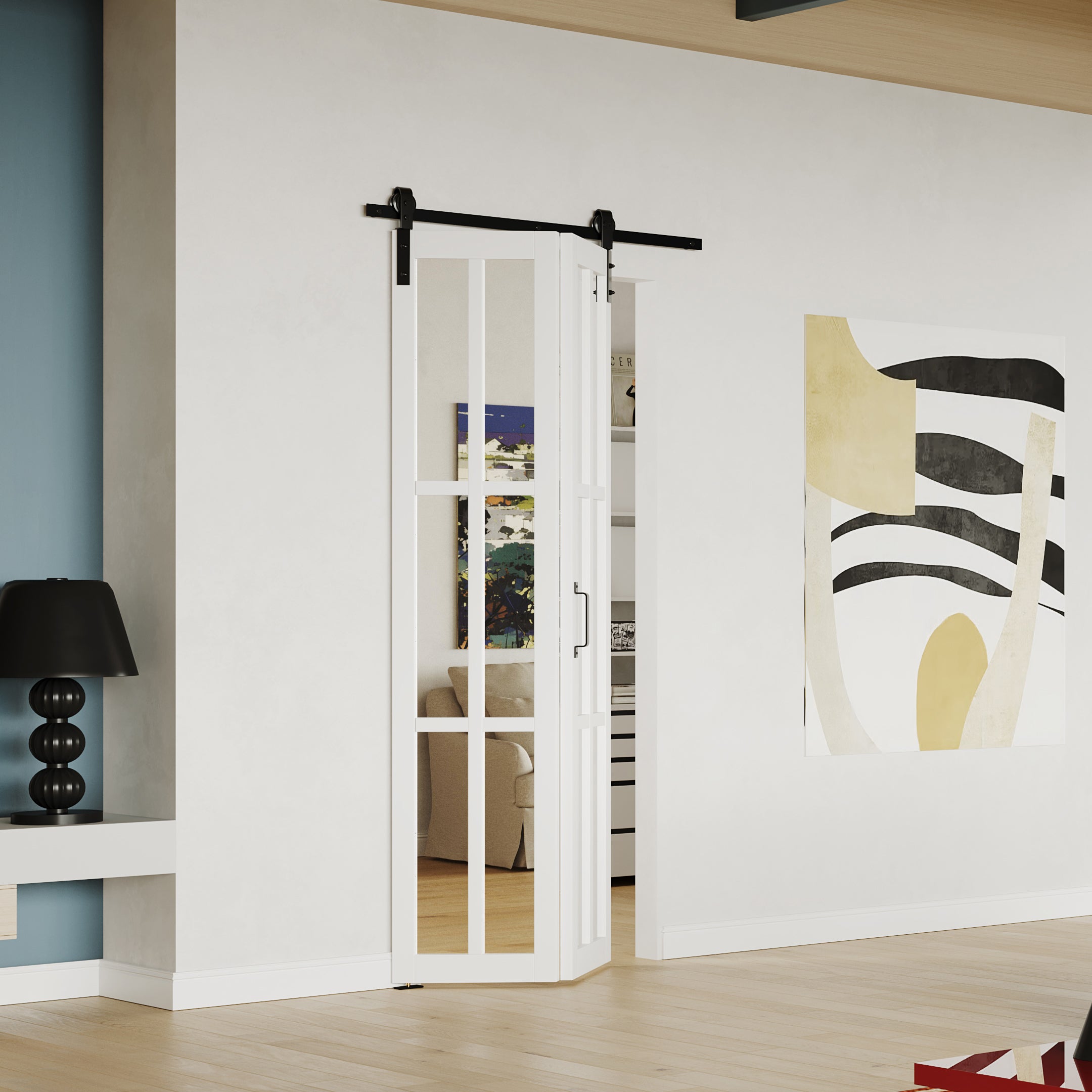 TENONER White 6-Lite Mirror Glass Bi-Fold Sliding Barn Door for Closet, Wardrobe, Bedroom - Space-Saving and Privacy Protection with Hardware Kits